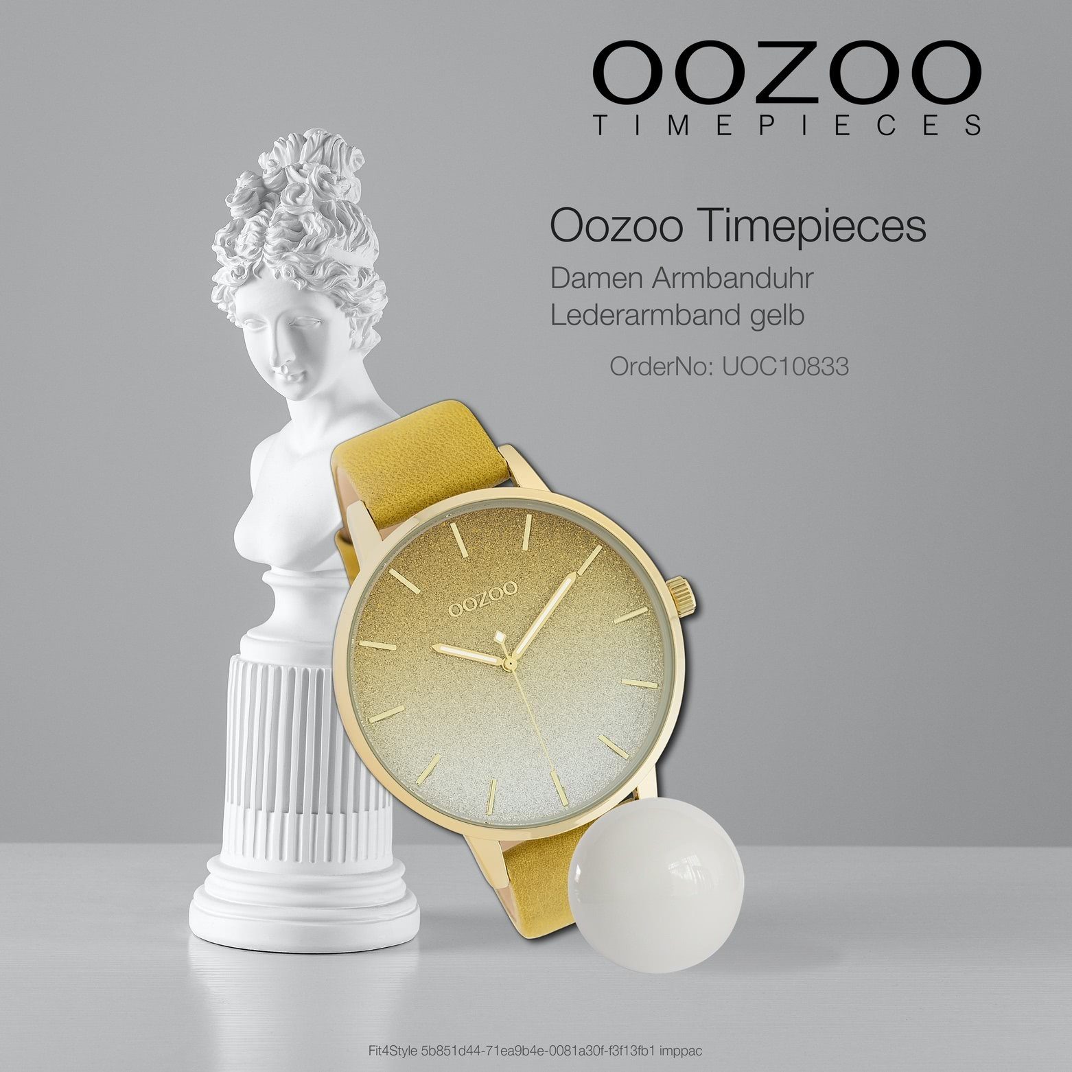 OOZOO Quarzuhr Oozoo Damen Armbanduhr OOZOO Timepieces, (Analoguhr), Damenuhr rund, extra groß (ca. 48mm), Lederarmband gelb, Fashion