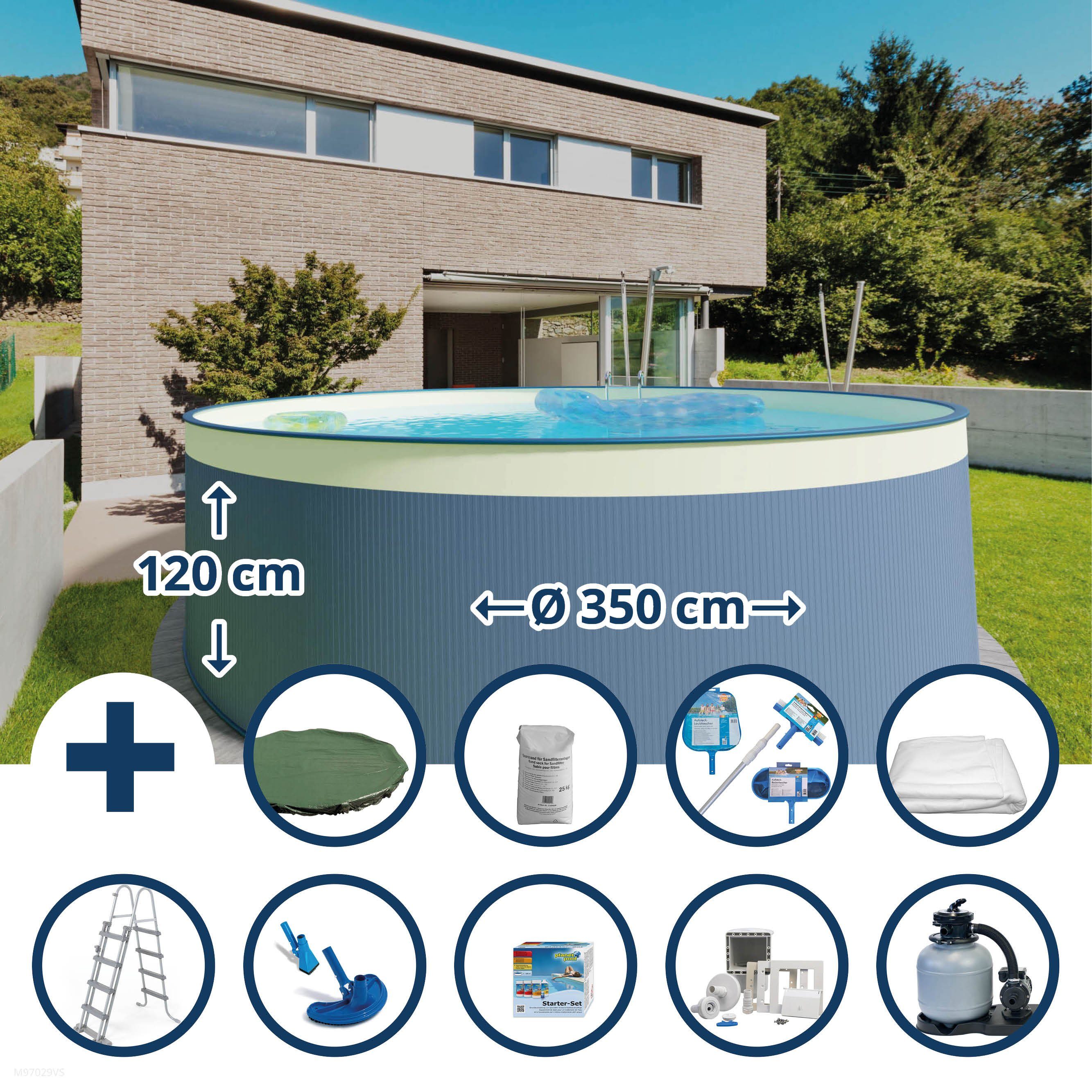 Waterman Rundpool Stahlwandpool Set (10-teilig) hoch rund 350 x 120 (Komplett-Set), verzinkte Stahlwand