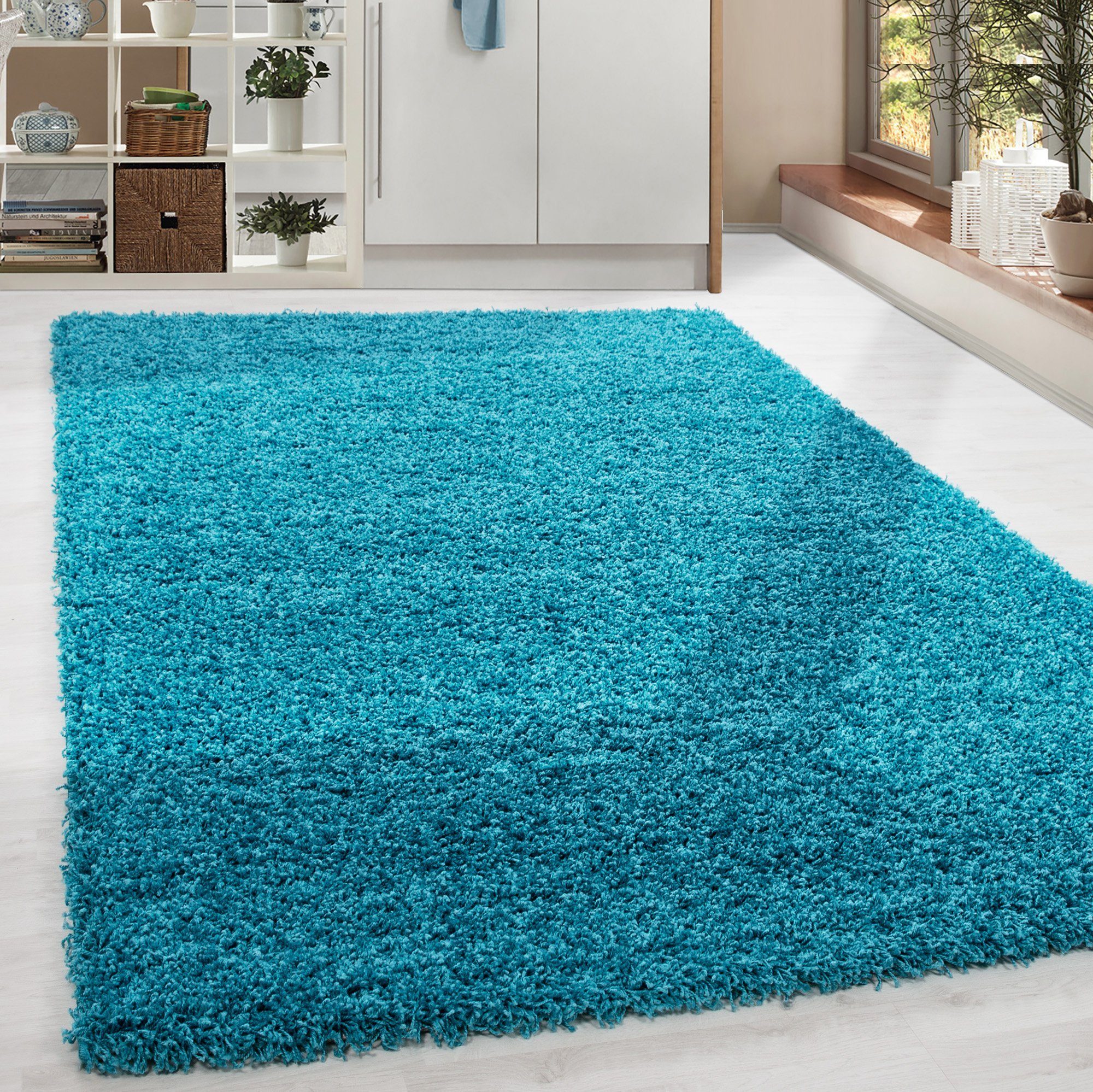 Blau HomebyHome, Höhe: Einfarbig Einfarbig, Modern Teppich - Wohnzimmer Türkis Unicolor Flauschig Läufer, mm, Teppich Shaggy 30