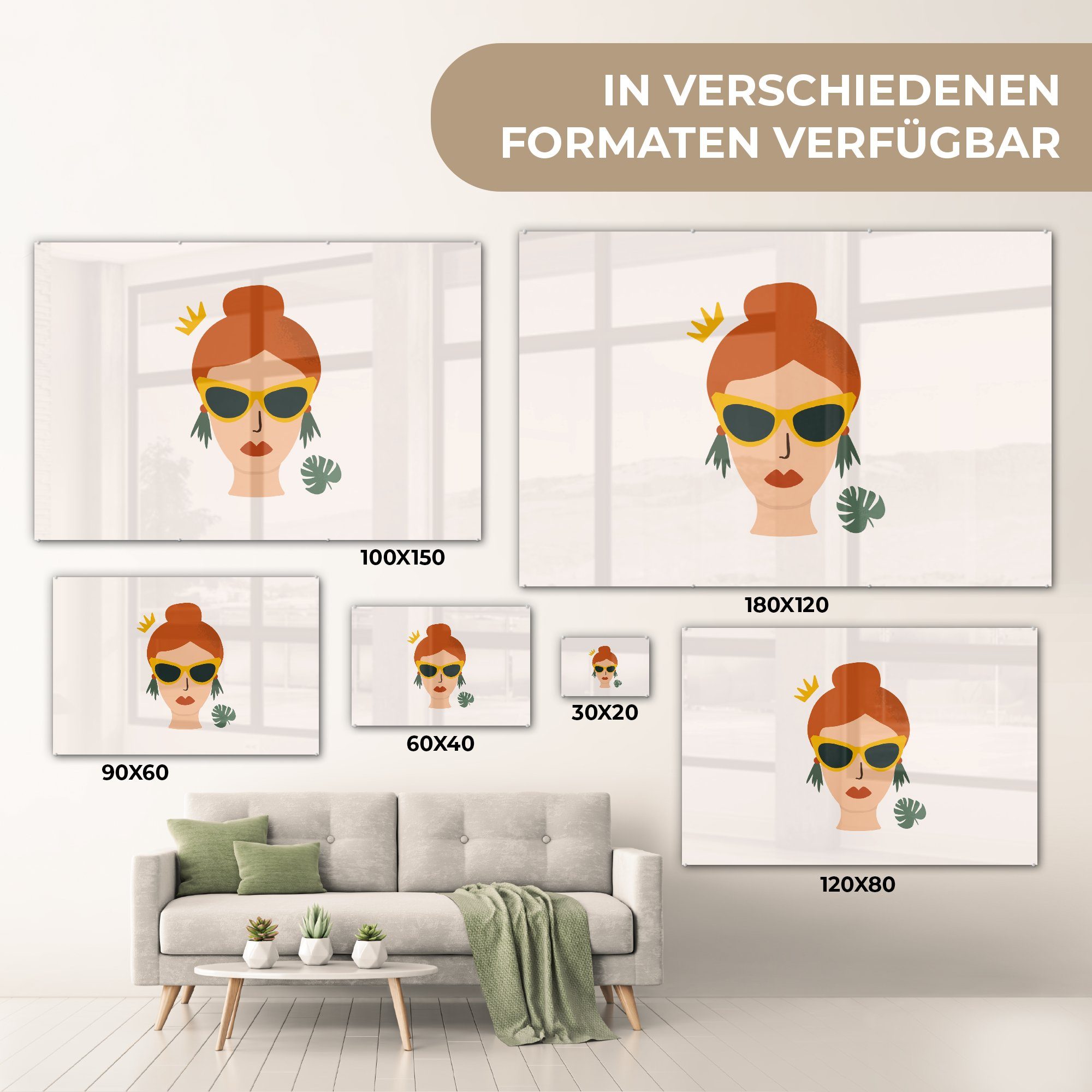MuchoWow Acrylglasbild Frau - Monstera St), Acrylglasbilder - Wohnzimmer (1 Porträt, Schlafzimmer & Krone 