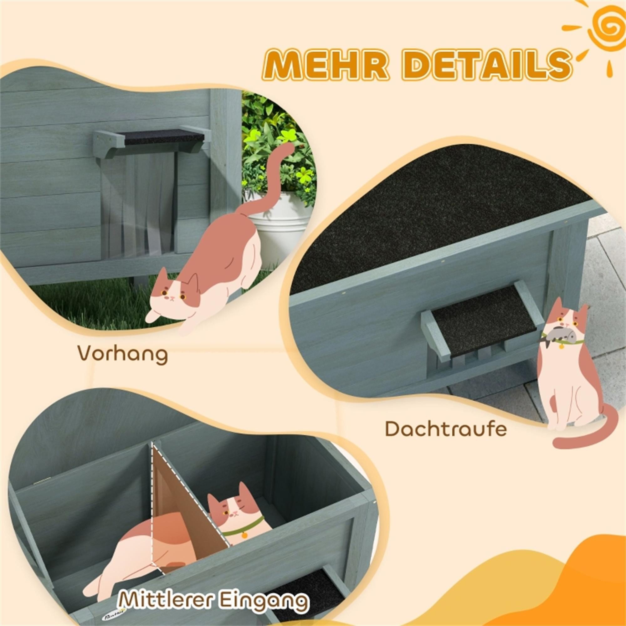 ibettertec Katzenhaus Outdoor-Katzenhaus Katzenhütte, wetterbeständig, 1 Fenster, 1 Eingang, 85 x 50 x 68,5 cm, Dunkelgrau+Schwarz