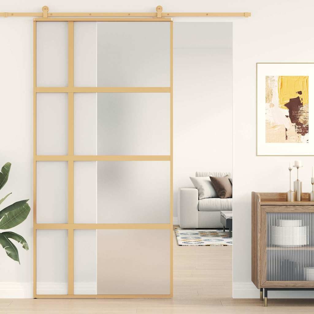 furnicato Schiebetür 102,5x205 cm Golden, Geräuschlose Glastür mit Türdämpfer und mattierter Sichtschutzfläche