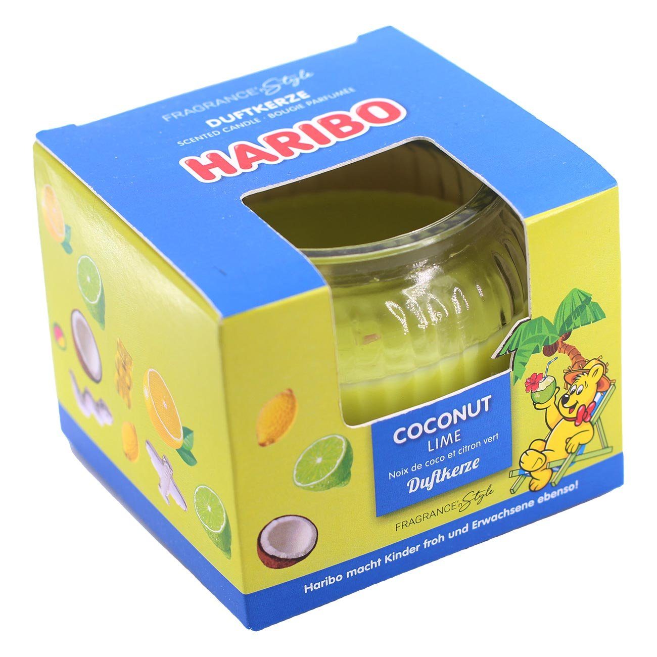 HARIBO Duftkerze Duftkerze Haribo Gummibären 85g im Glas und Geschenkkarton (Cherry Cola, Berry Mix, Strawberry, Tropical Fun, Coconut Lime), versch. Düfte