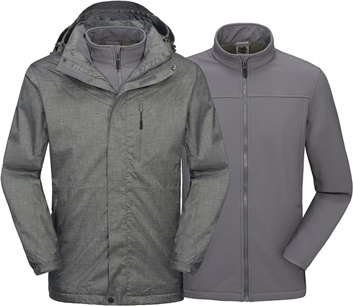 Skijacke Skijacke Windhacke Herren Wasserdicht Winddicht Warme Taschen Grau-XXL