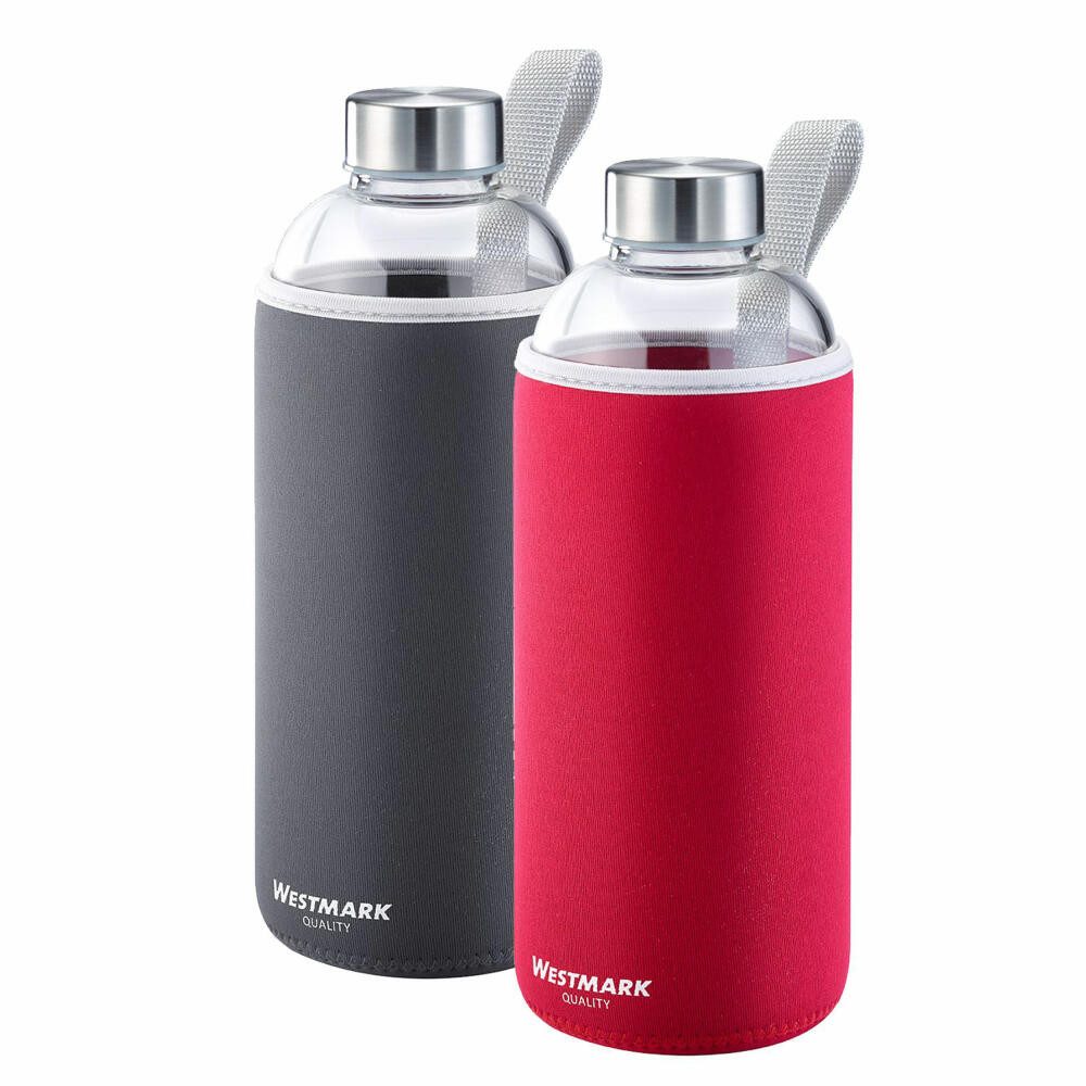 WESTMARK Trinkflasche Set, 2tlg., aus Glas mit Aufdruck, inkl. je 1 Schutzhülle, 1000 ml