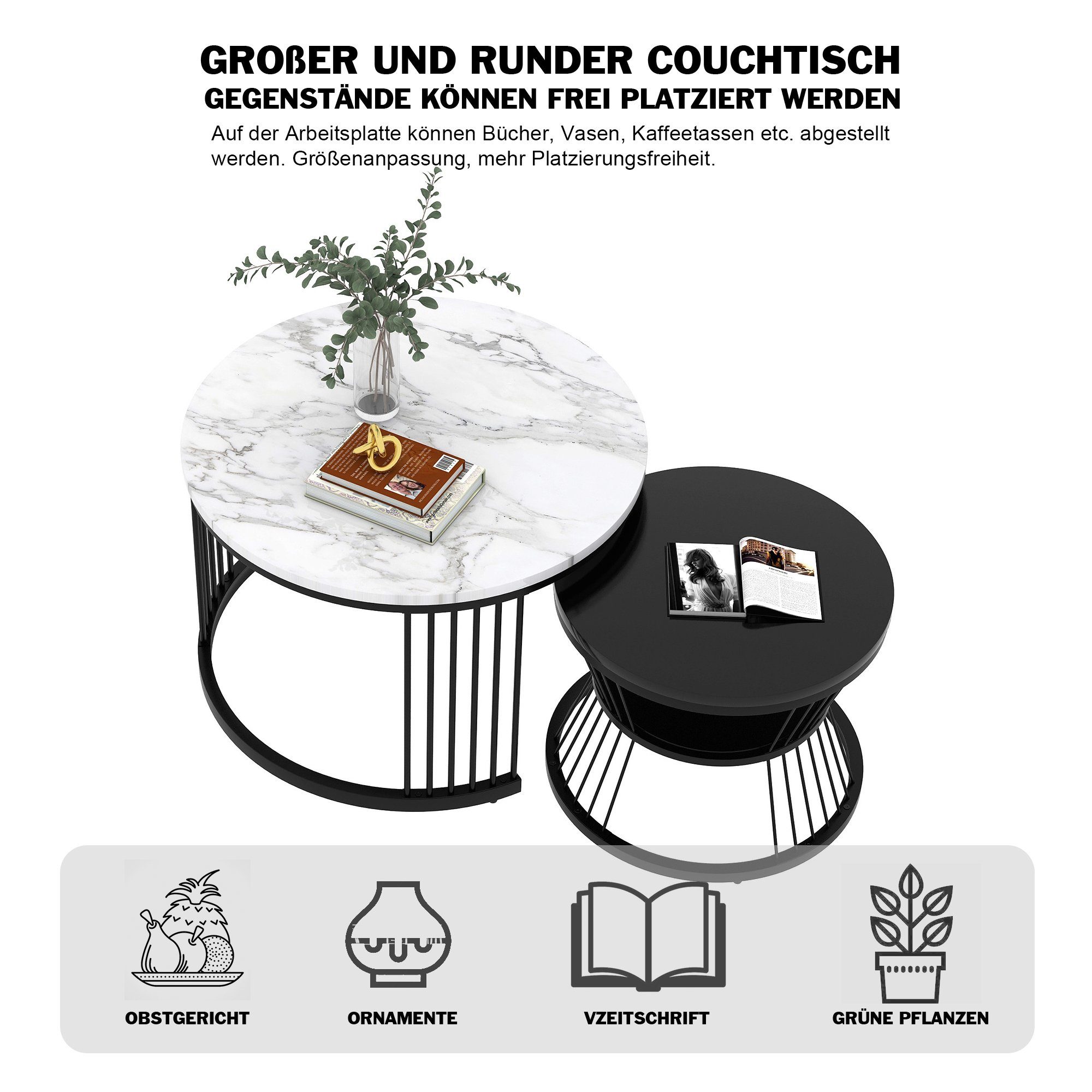 mit in Merax Couchtisch rund Metallrahmen Marmoroptik Beistelltisch drei Set), mit Satztisch Ablagen, (2er