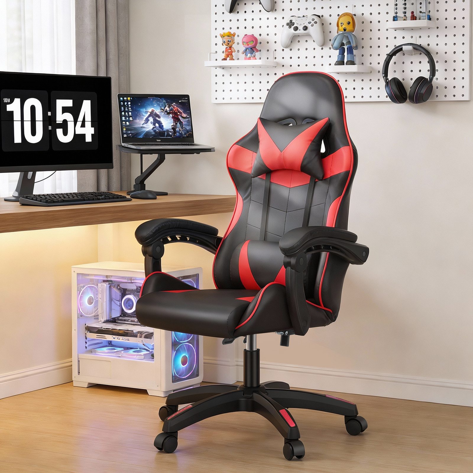 oyajia Gaming-Stuhl Gaming Stuhl, Bürostuhl Ergonomisch Wippfunktion bis zu 135° (mit Kopfstütze und Lendenkissen), Rückenlehne und Sitzfläche kippbar,Gamingstuhl mit Höhenverstellung