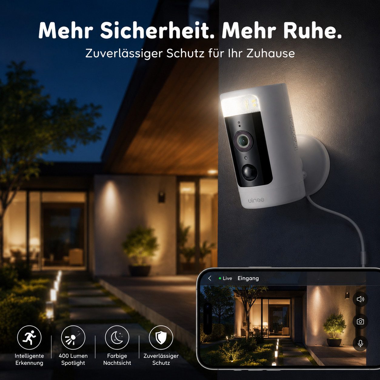 Winees Überwachungskamera (Außenbereich, 4MP 2K WLAN IP Sicherheitskamera zur Heim-& Außenüberwachung, 1-tlg., Schwenk-/Neigbar, Spotlight & IR-Farbnachtsicht, IP-Außenkamera, Auto-Verfolgung, Personen- & Fahrzeugerkennung, Alexa, Zwei-Wege-Audio)