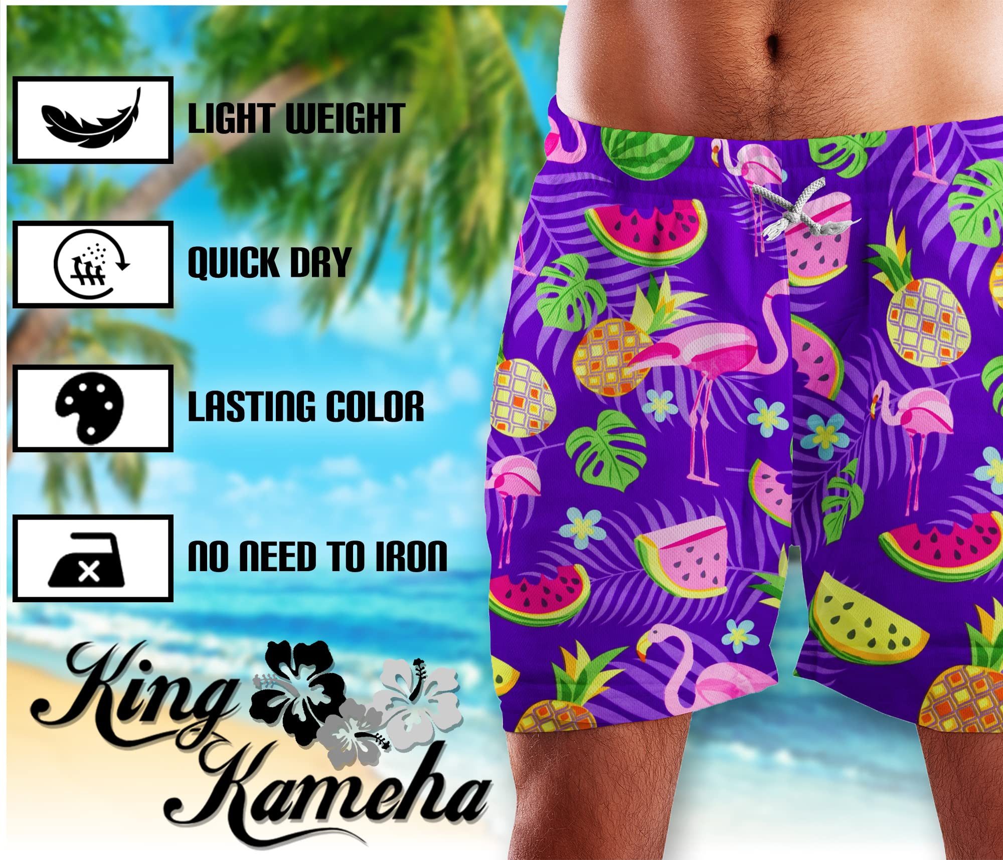 King Kameha Badeshorts Flamingo Melone Hawaii Bade-Shorts Mesh-Einsatz Verschluss Kordelzug Mit integriertem Mesh-Innenslip für extra Komfort