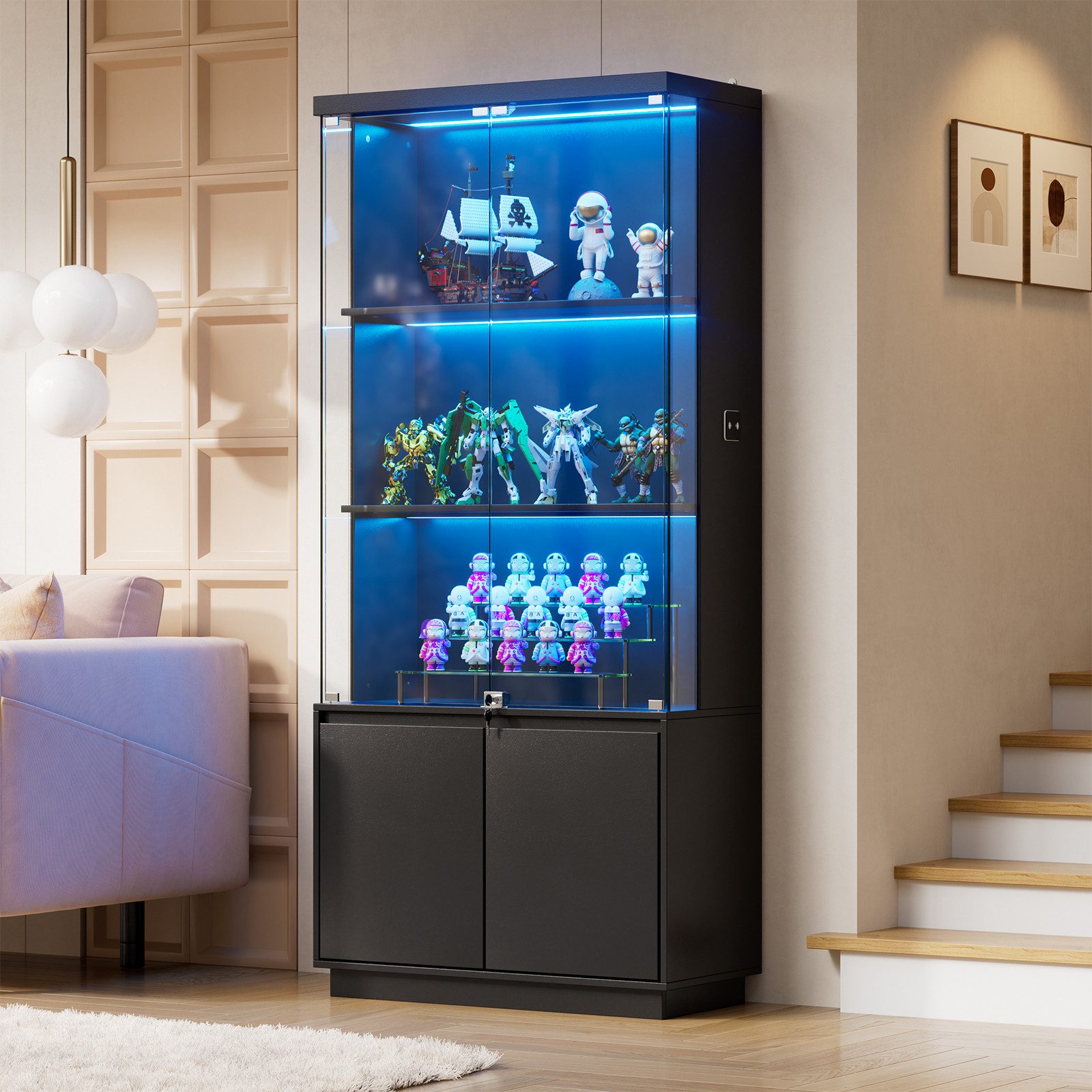 PEALOV Glasvitrine mit LED-Beleuchtung und Bewegungssensor (1-St) Vitrinenschrank mit Stauraum, 75 x 180 x 38 cm, Schwarz
