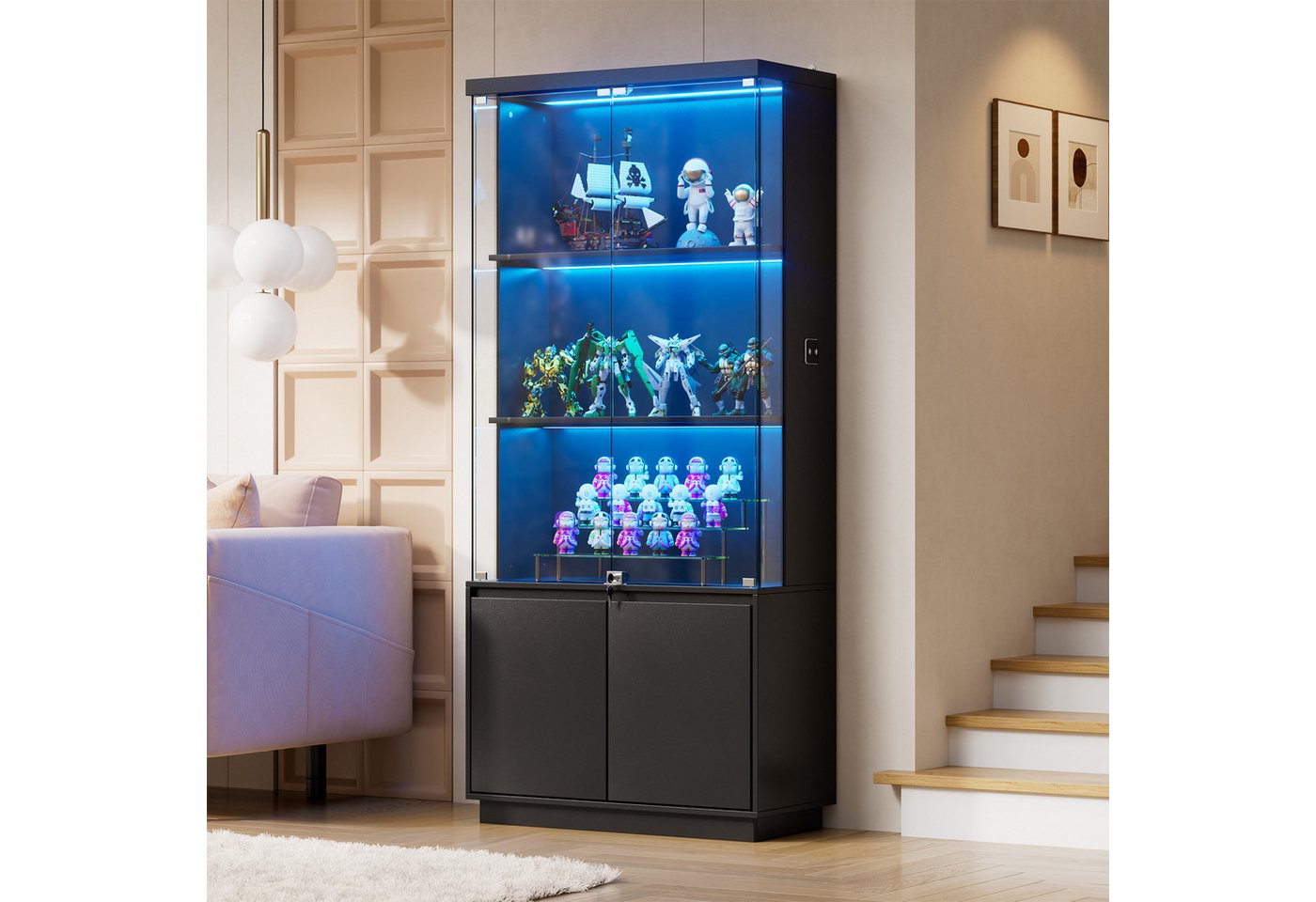 PEALOV Glasvitrine mit LED-Beleuchtung und Bewegungssensor (1-St) Vitrinenschrank mit Stauraum, 75 x 180 x 38 cm, Schwarz