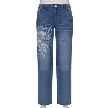 KIKI Jeanshotpants Lockere Hose mit weitem Bein und Vintage-Print, Jeans mit geradem Bein