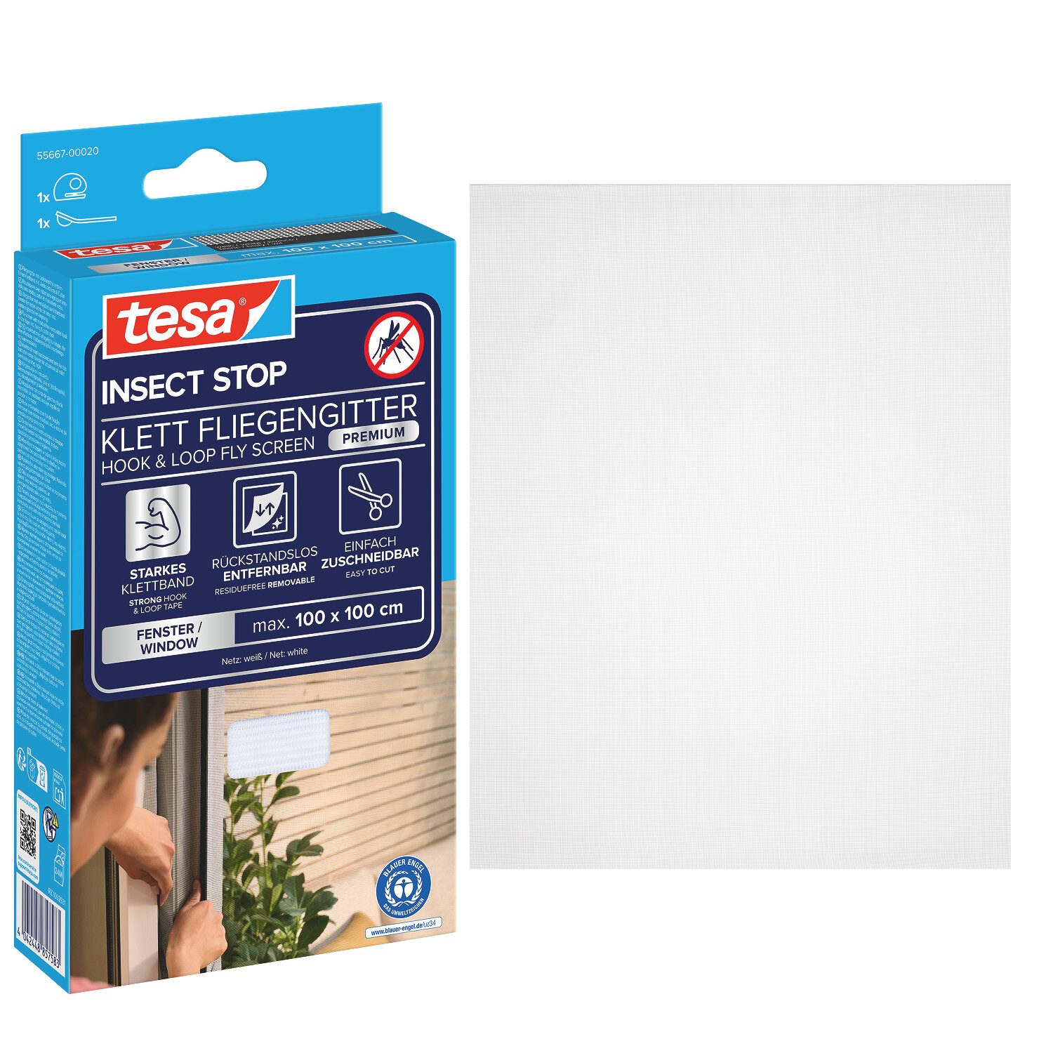 tesa Insektenschutz-Fensterrahmen Klett Fliegengitter Premium für Fenster, Insektenschutz, ohne bohren, (Komplett-Set, 1-St., zuschneidbar, selbstklebend - 100 cm x 100 cm - Weiß (Sichtschutz), Mückenschutz mit starkem Klettband, rückstandsfrei entfernbar