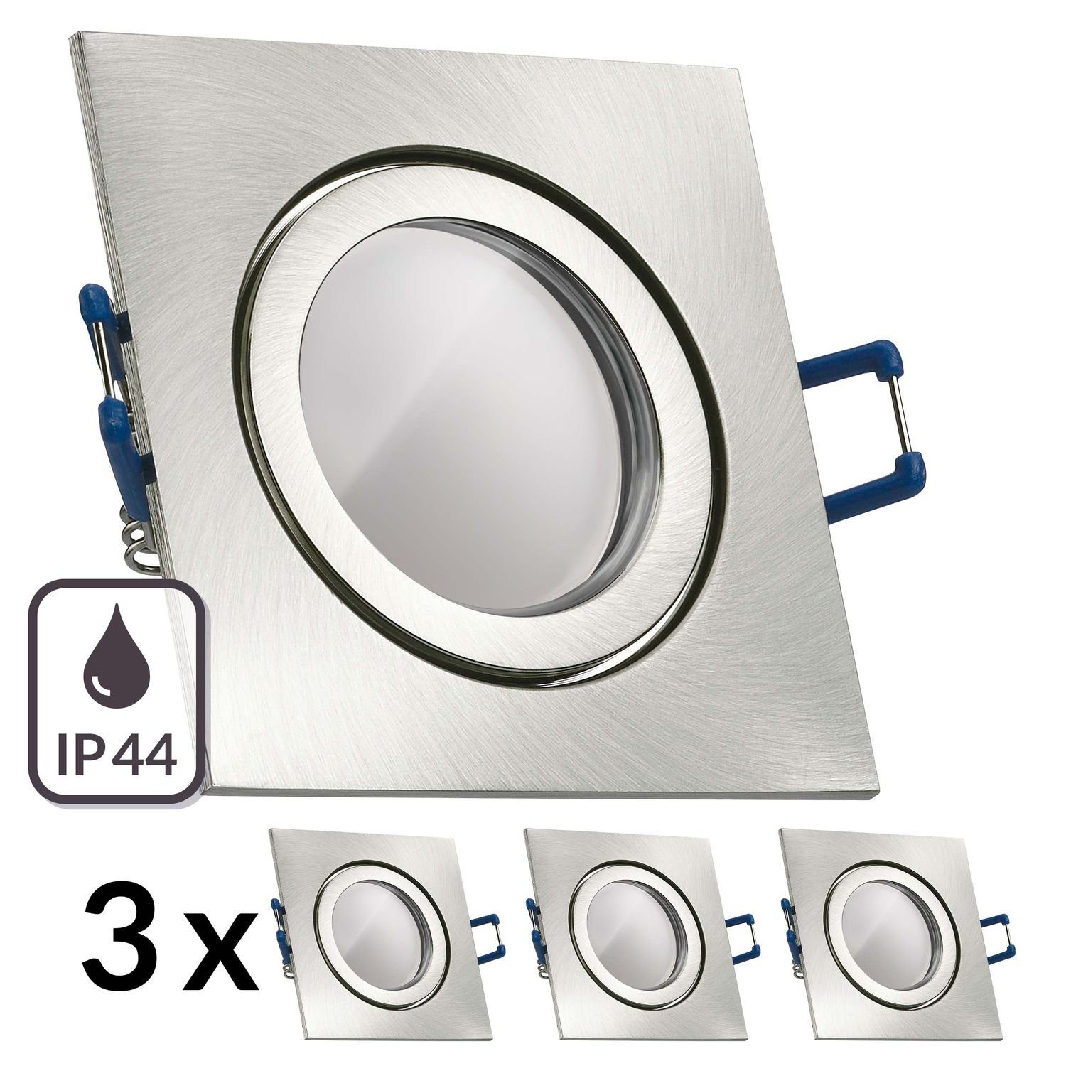 LEDANDO LED Einbaustrahler 3er IP44 LED Einbaustrahler Set Silber gebürstet mit LED GU10 Markenst