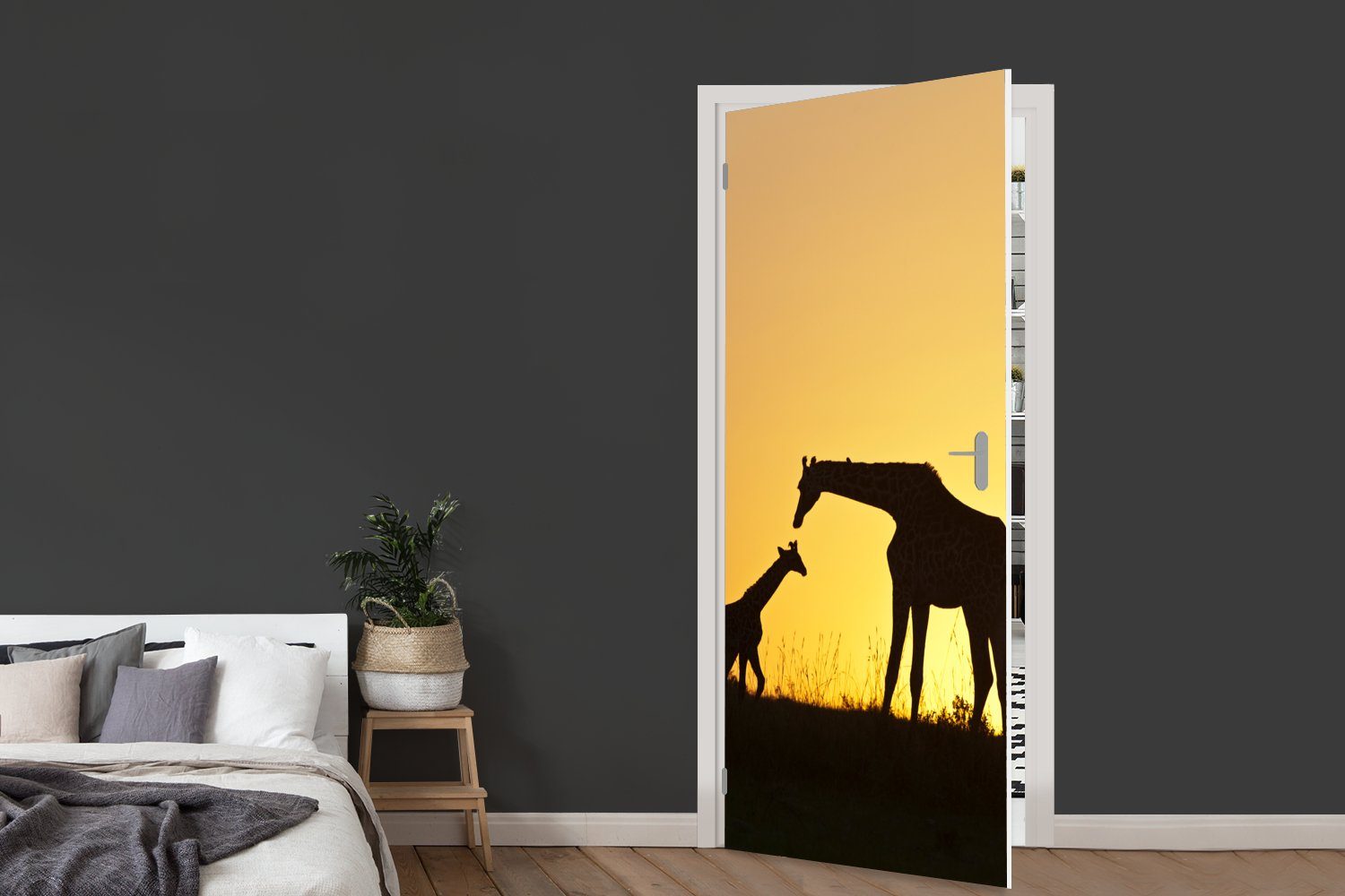 (1 Fototapete MuchoWow Kalb, bedruckt, - Matt, Türtapete cm Tür, für - Scherenschnitt 75x205 Giraffe St), Türaufkleber,