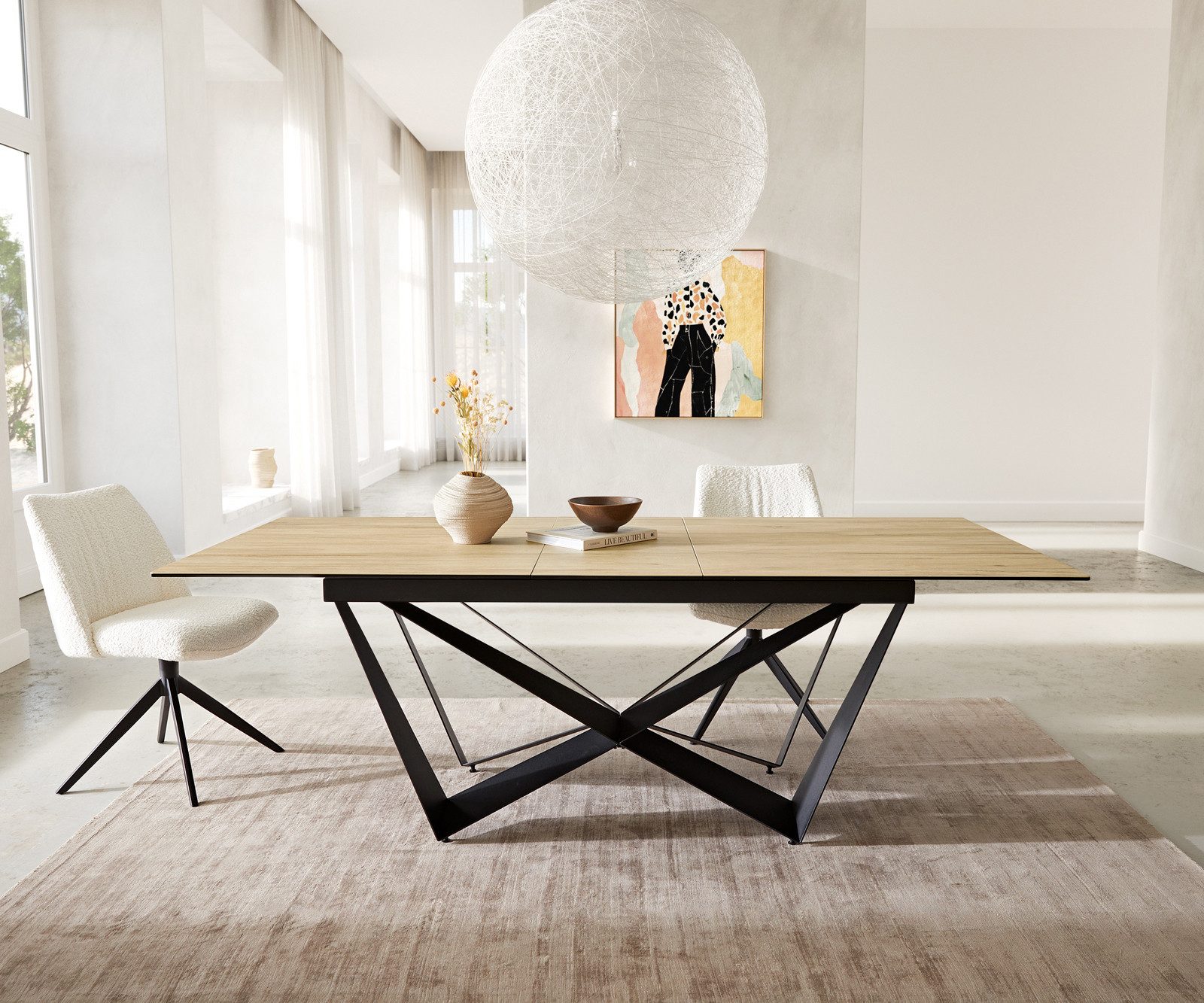 DELIFE Esstisch Edge, Keramik Laminam® Sabbia Eichefarbig 180-220x100 Spider Flachstahl Schw
