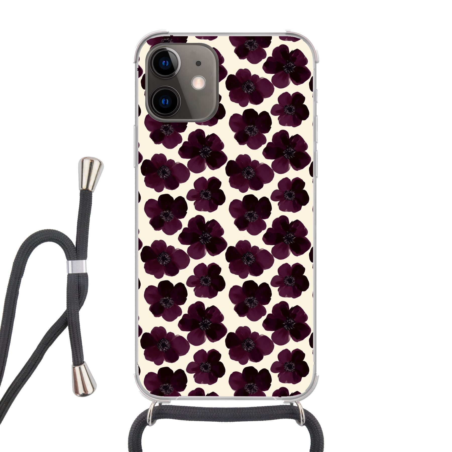 MuchoWow Handyhülle für Apple iPhone 12 Blumen - Aquarell - Lila, Tragbare Handyhüllen mit Kette zum umhängen, Handykette Handyband