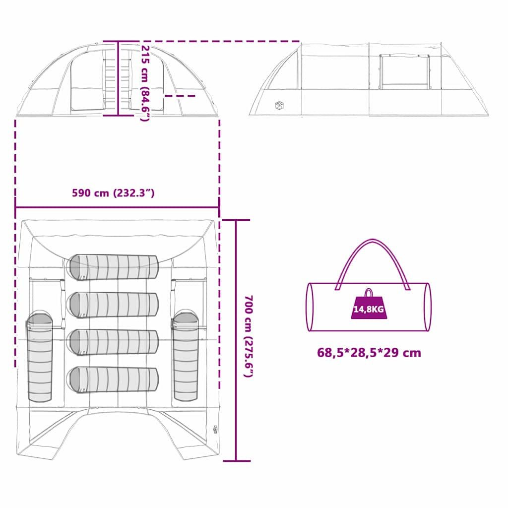 vidaXL Tunnelzelt Tunnelzelt für 6 Personen Grün und Weiß 700 x 590 x 215 cm, (1 tlg)