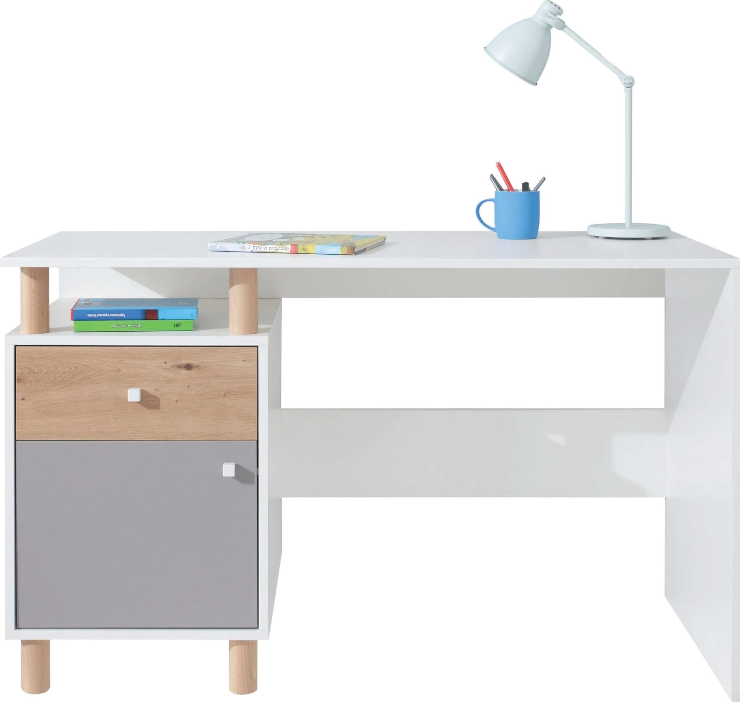 Stylefy Schreibtisch Donna Artisan offenes Bürotisch), (Computertisch, Stauraum, 1 mit Fach, Design Schublade, viel Weiß Modern Hochglanz Hochglanz Grau Spanplatte, Eiche