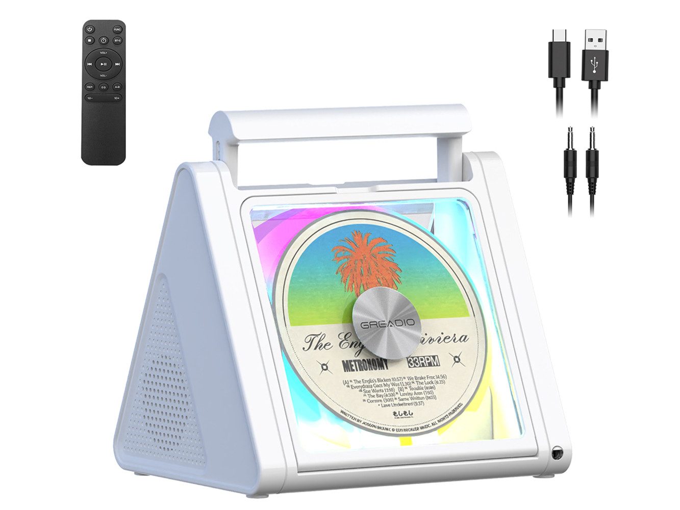 Greadio Tragbarer CD Player mit Bluetooth, RGB Lichteffekten, 4000mAh Akku tragbarer CD-Player (Bluetooth 5.3, kraftvollem Sound, FM, USB/AUX,mit MP3 Wiedergabe, weiß)