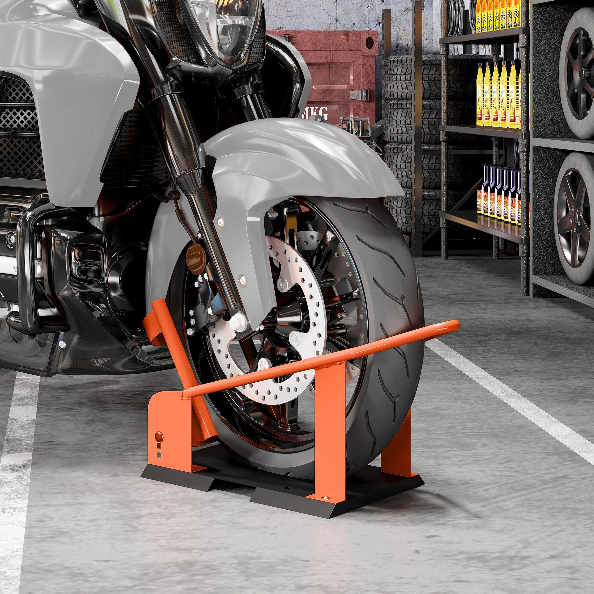 HOMCOM Werkstattkran Motorradständer 15-21" 381-533,4mm Vorderrad Stahl Transportständer, Tragkraft max.816.5t Motorradwippe 1-St. Motorradständer Orange