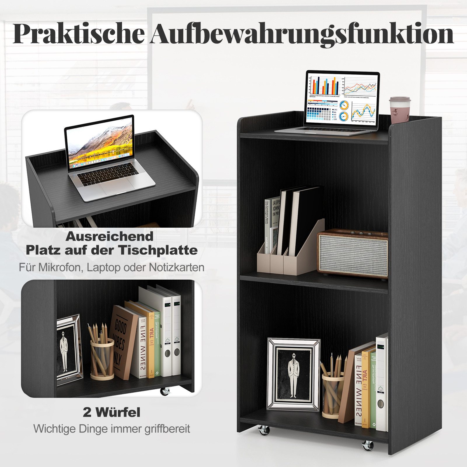 COSTWAY Stehpult, Rednerpult mit 2 Ablagefächern & 4 Universalrollen