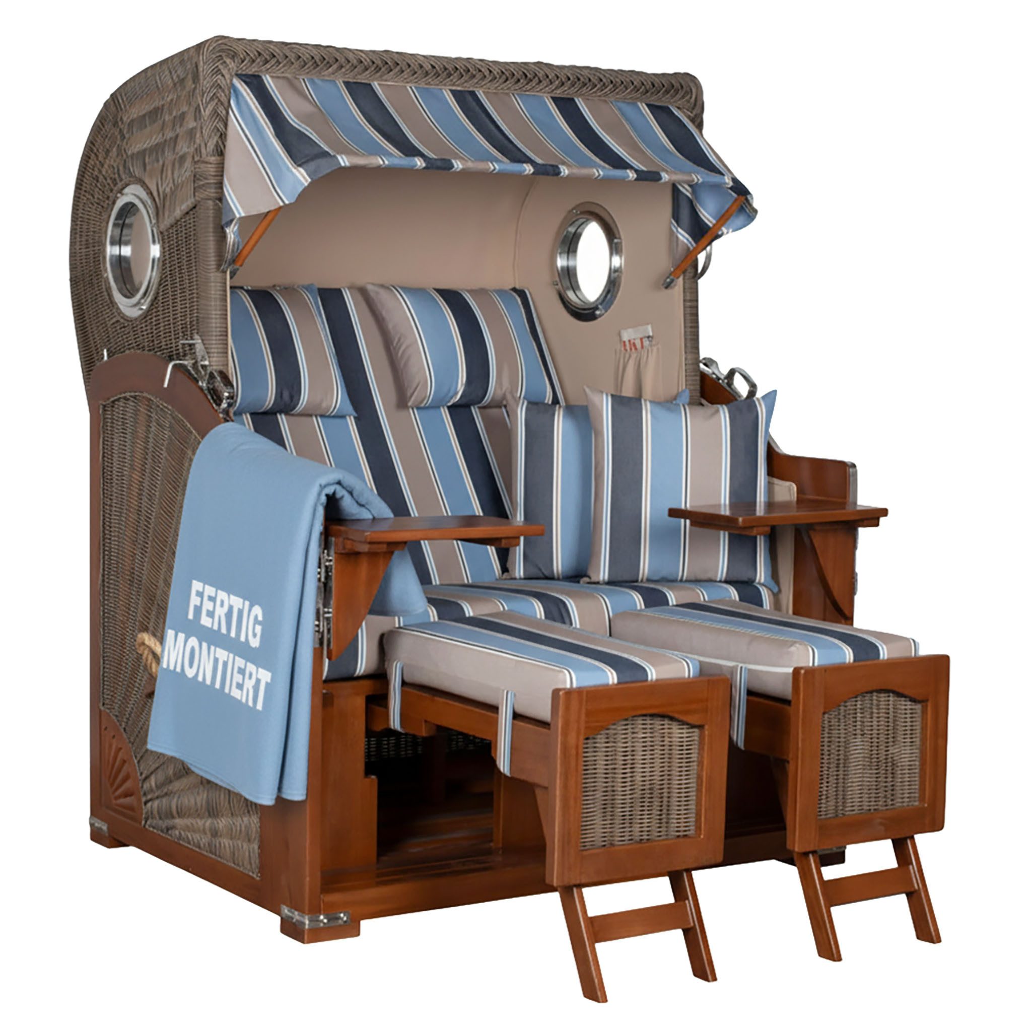 Strandkorb 2-Sitzer Düne Bullauge Vollholz PE-Geflecht grau 125x170x80