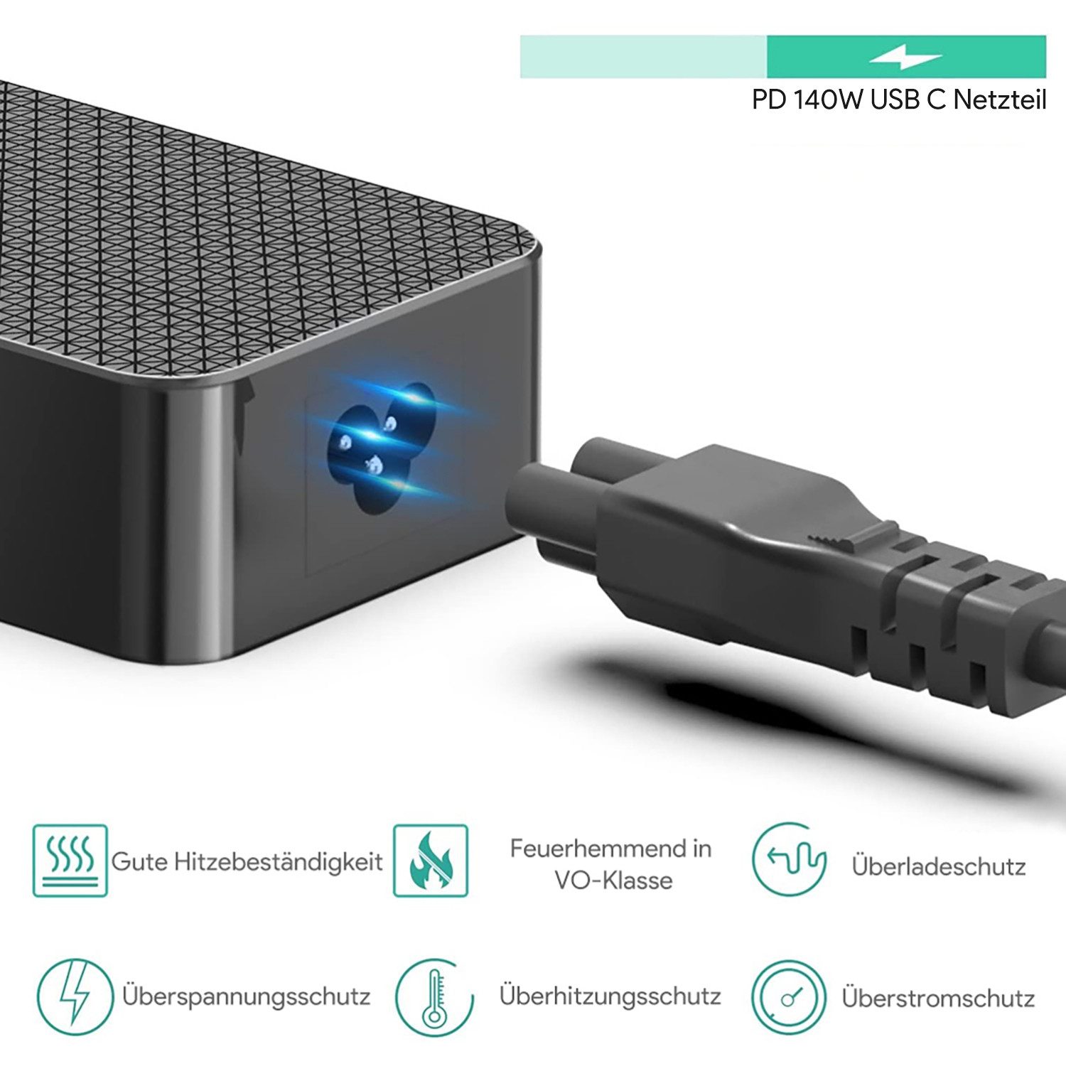 HKY 140W USB-C GaN Ladegerät für MacBook, HP, Asus, Surface, iPad, Laptops Handy-Netzteile (Kompatibel mit Tablets, Smartphones, USB-C Geräte, Docking Station) – Bild 4 von 5