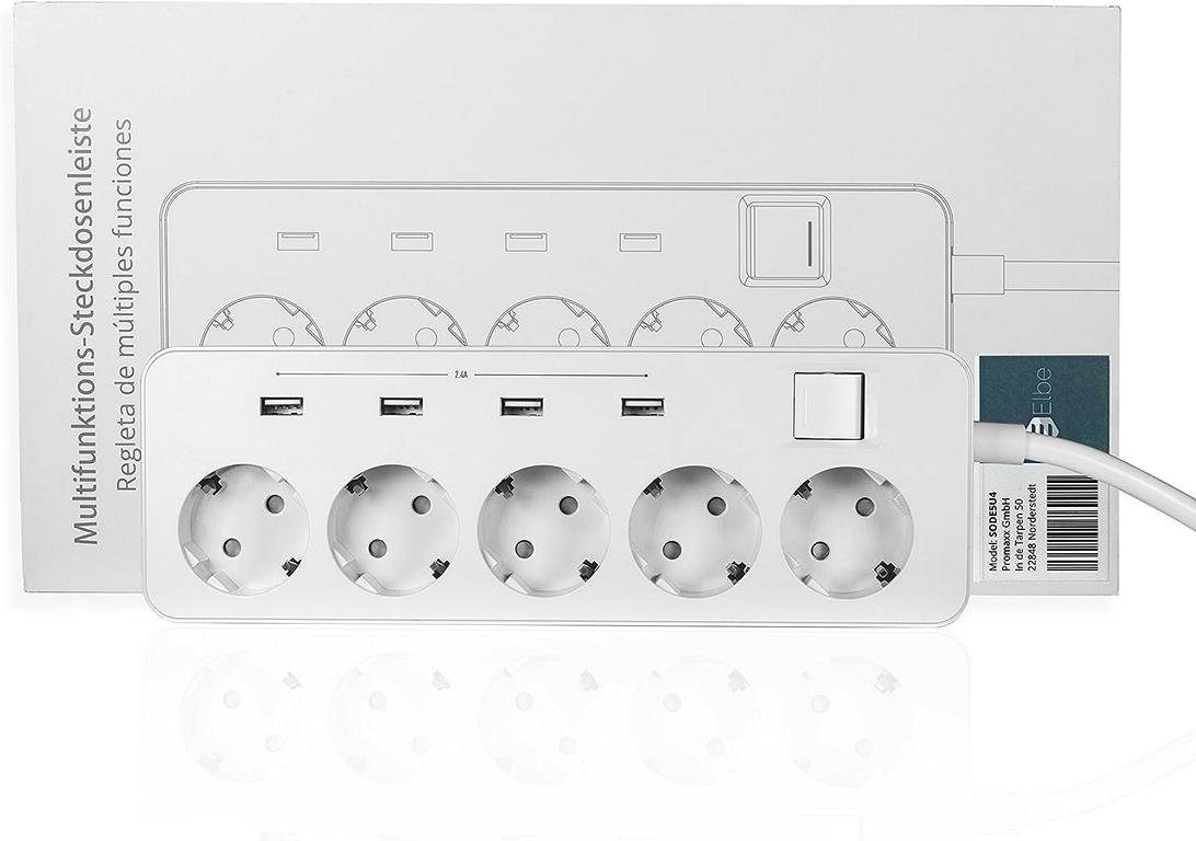 Elbe Inno Mehrfachsteckdose USB Steckerleiste Steckdosenleiste 9-fach (separate Ein- / Ausschalter, Statusleuchte, USB-Anschlüsse, Kindersicherung, Überspannungskontrollleuchte, Kabellänge 1.5 m), mit Schalter, Überspannungsschutzschalter, Mehrfachsteckdose