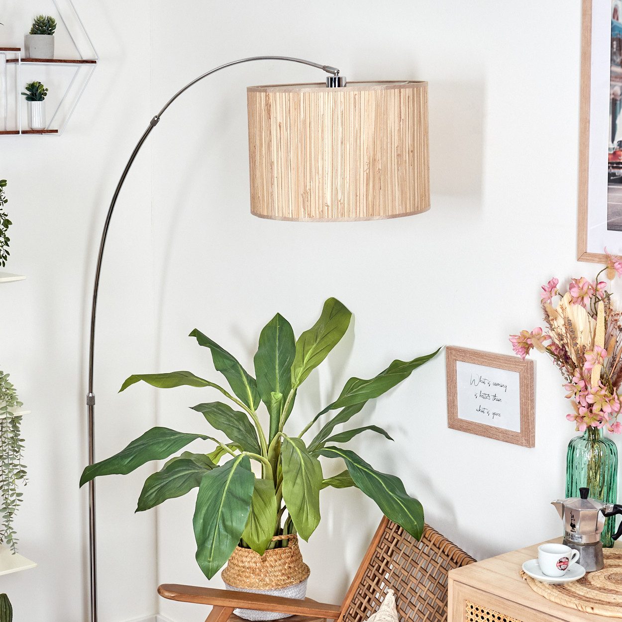 hofstein Bogenlampe Stehlampe mit Marmorfuß aus Metall/Seegras, Schwarz/Chrom/Natur/Braun, verstellbare Stehleuchte mit Marmorfuß u.Fußschalter, Boho-Design, E27