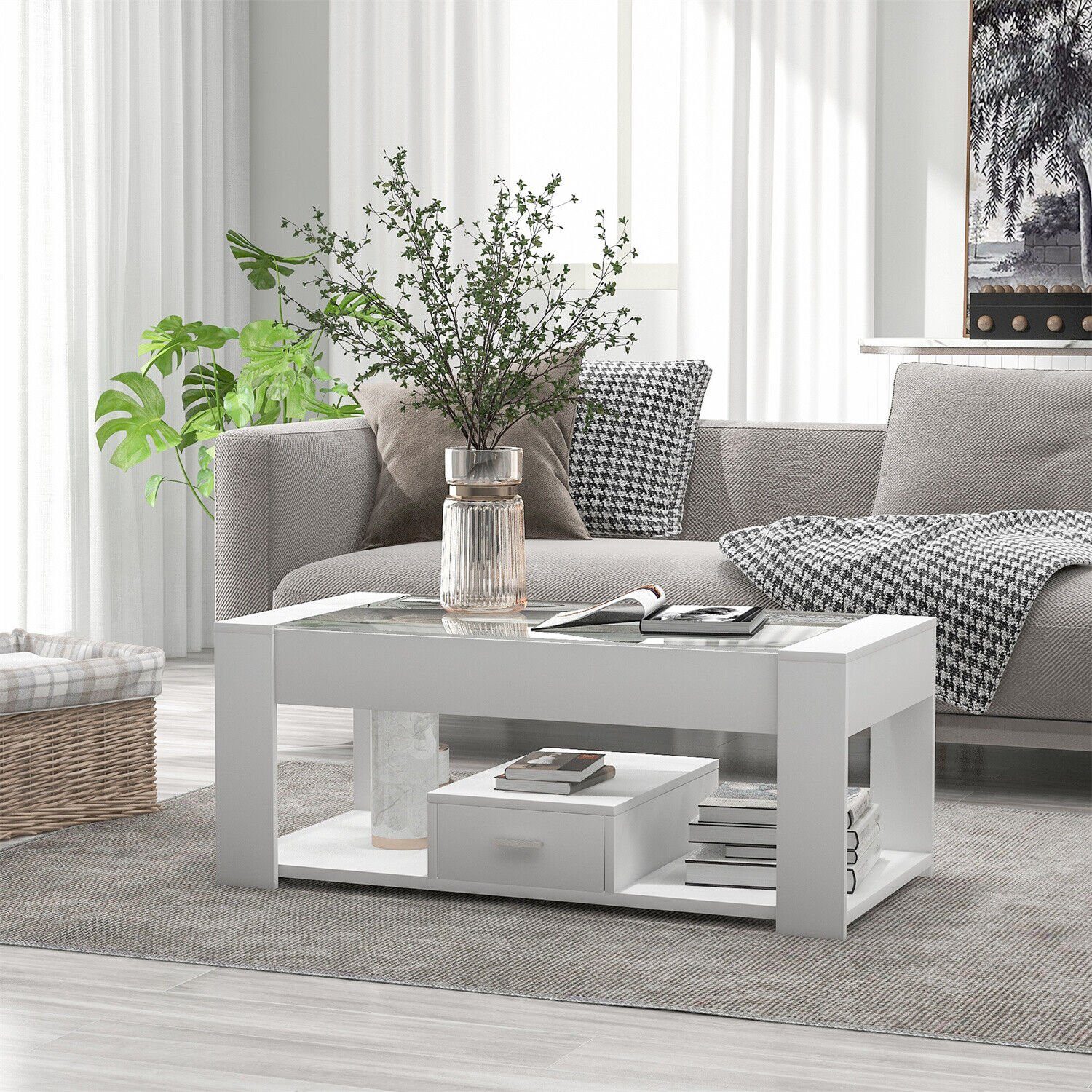 DOTMALL Tischsitz Couchtisch Weiß Wohnzimmer mit Glasplatte Stauraum