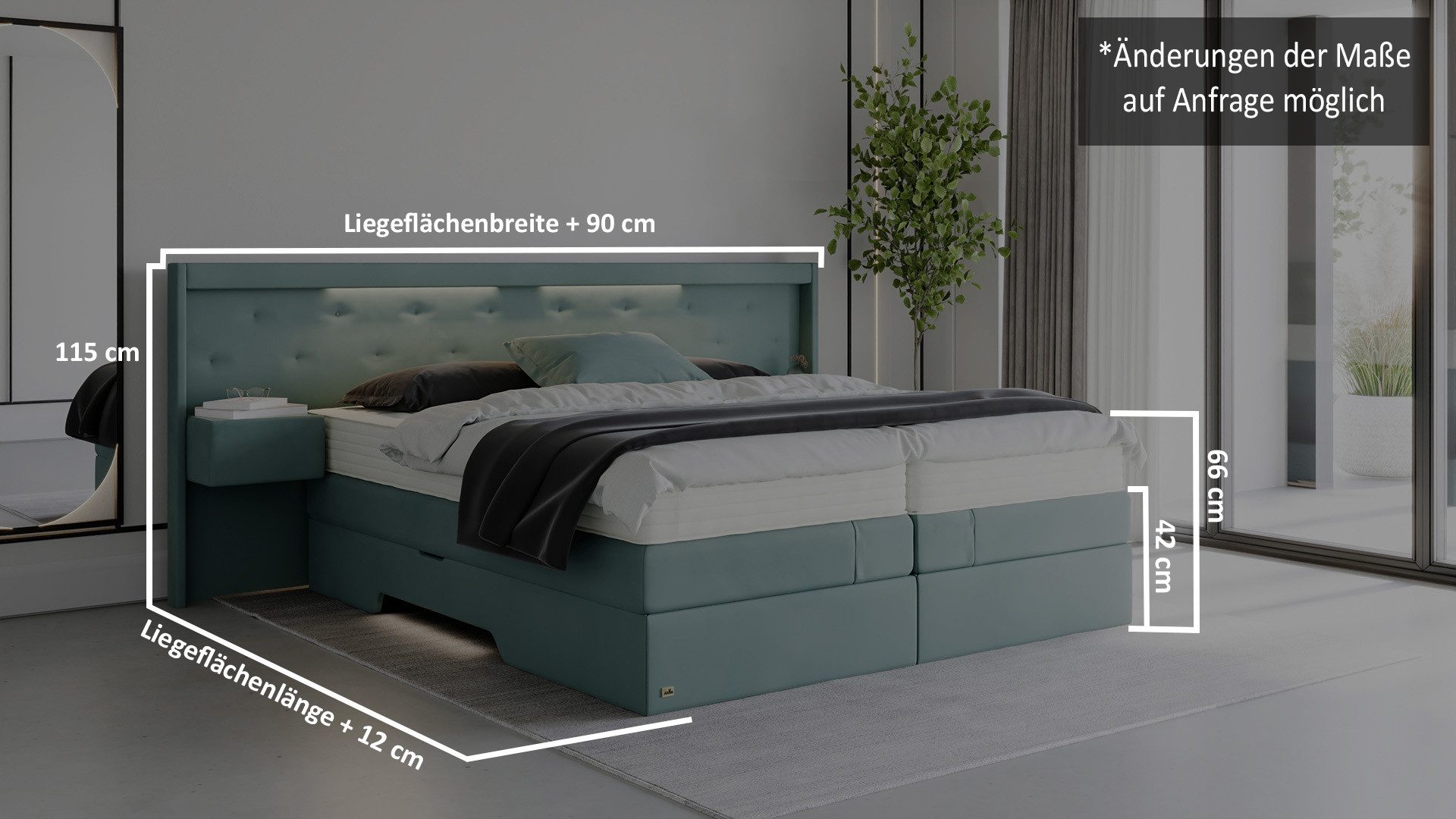 PAARA Boxspringbett mit Nachttischen, Bettkasten, LED, Kopfteil verstellbar Model Paris, Deutschland