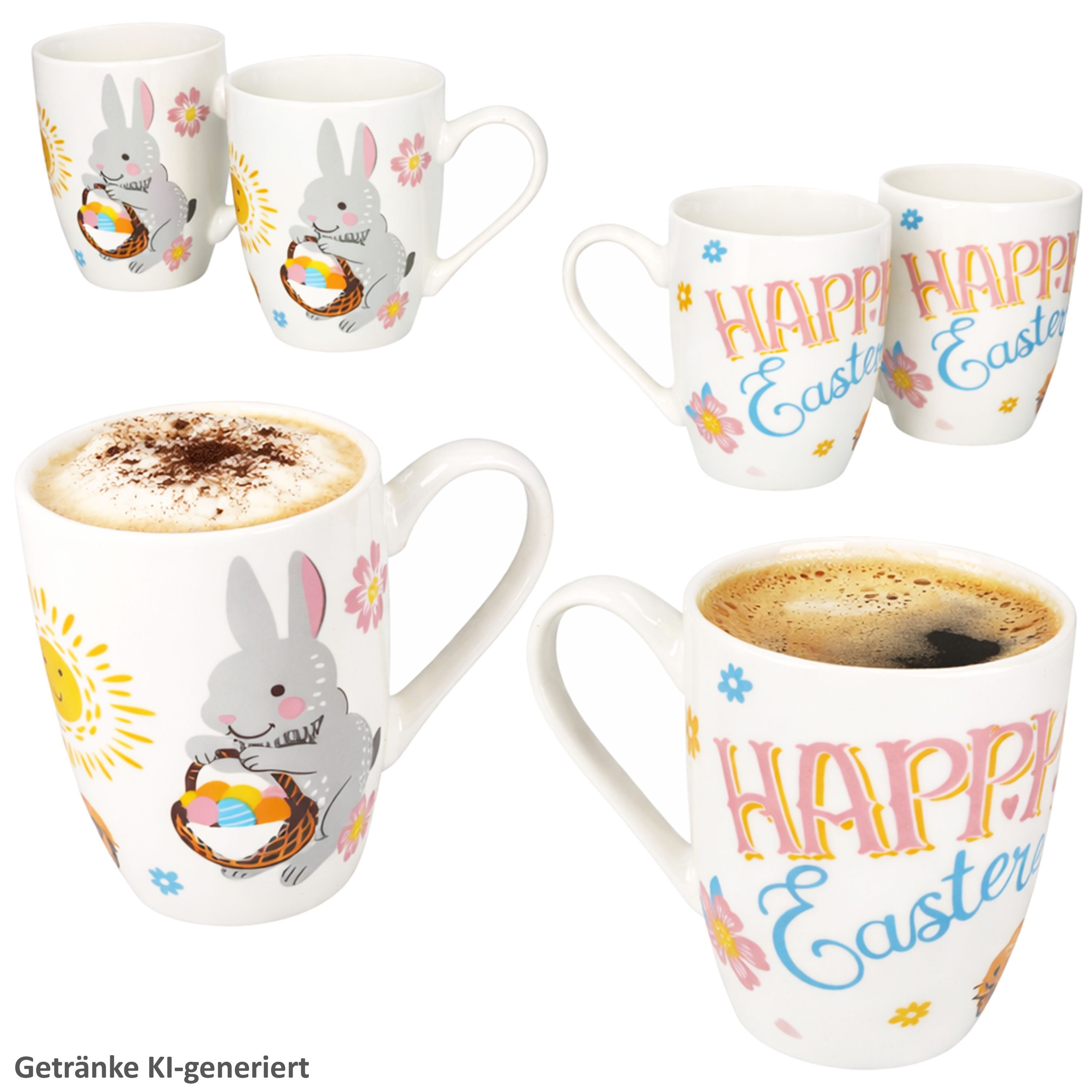 MamboCat Becher MamboCat 6er Set Easter Kaffeebecher 250ml Porzellan Ostern Hase bunt, Porzellan