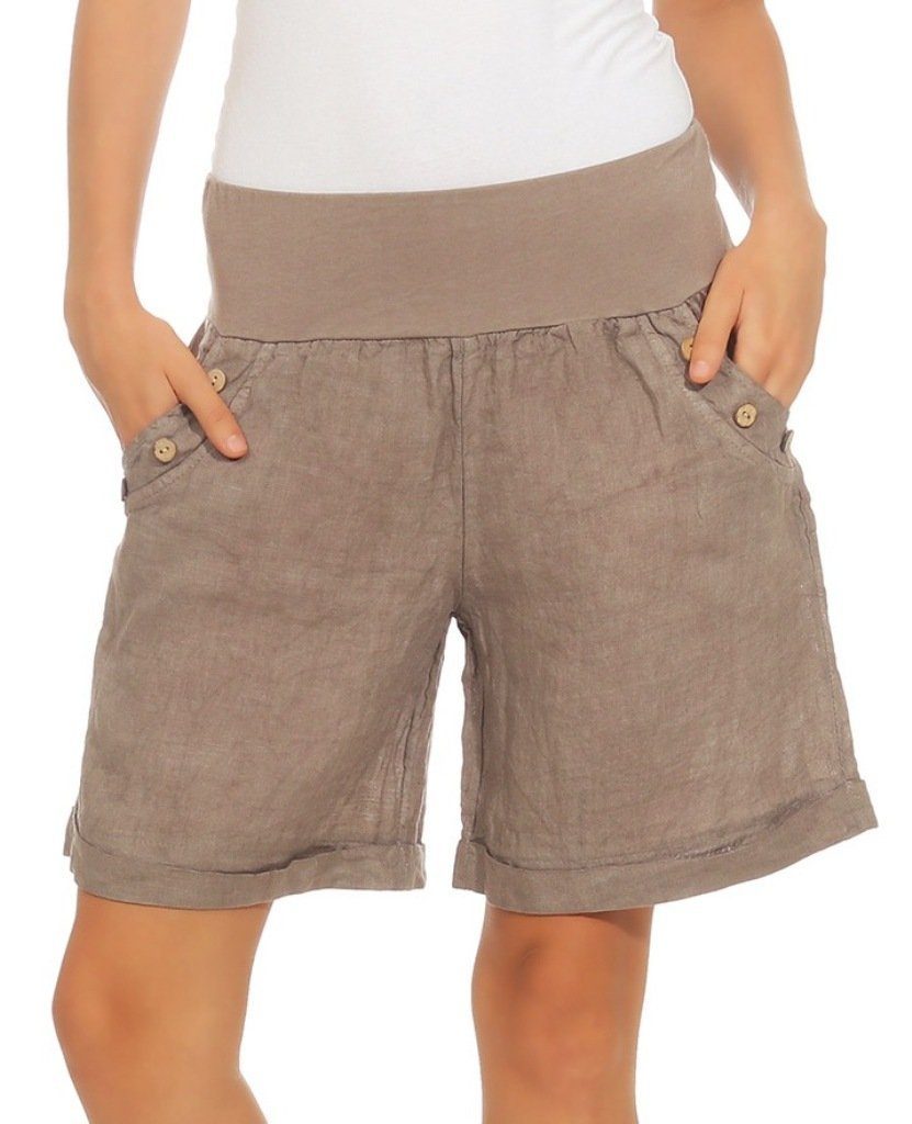 Mississhop Leinenhose Damen elastischem in Leinenshorts % Fango Unifarbe Shorts 100 mit Hose Leinen Bund, 280 kurze Bermuda