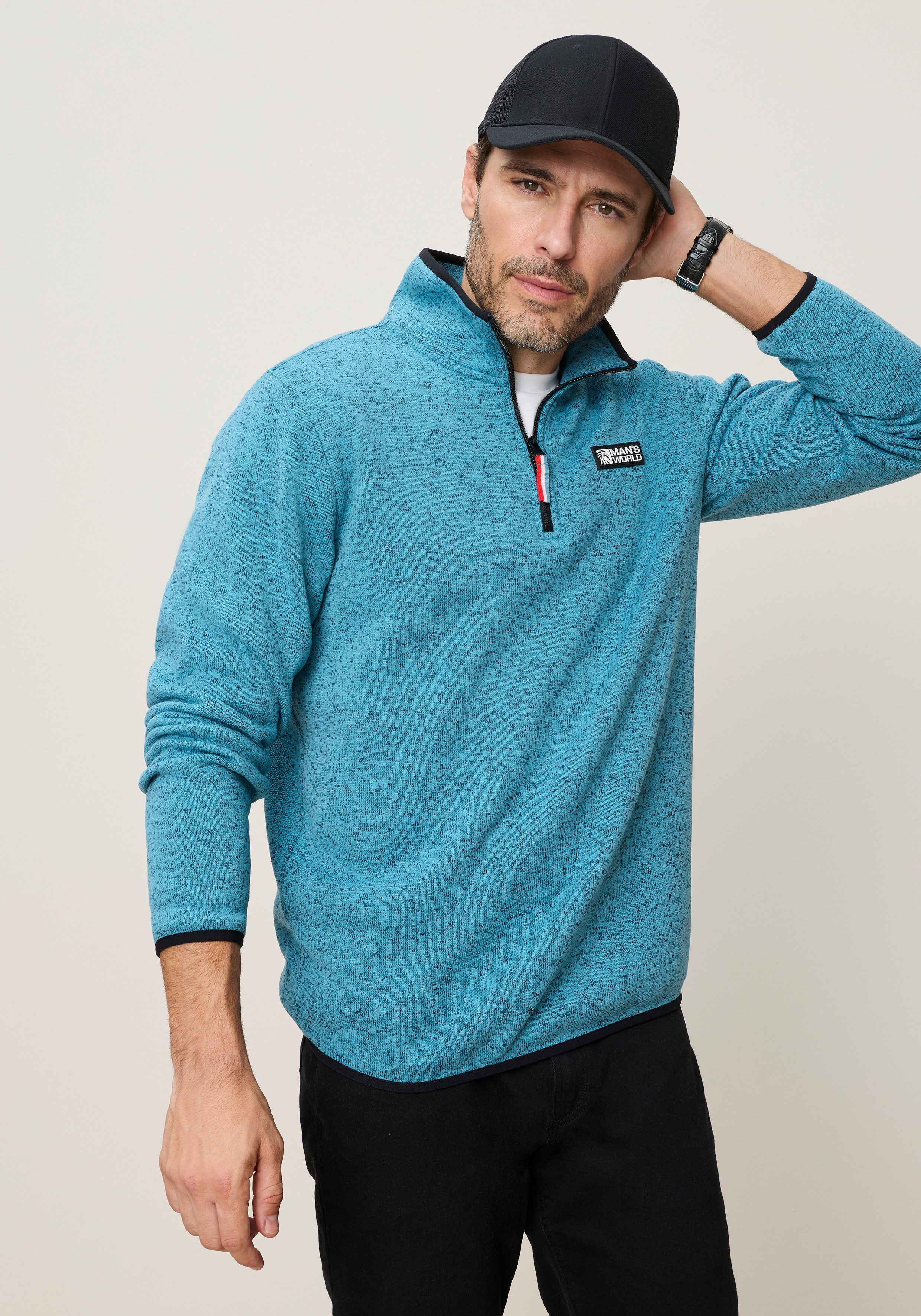 Man's World Fleecepullover mit hoch geschlossenem Ausschnitt, melierte Optik, sportlicher Stil