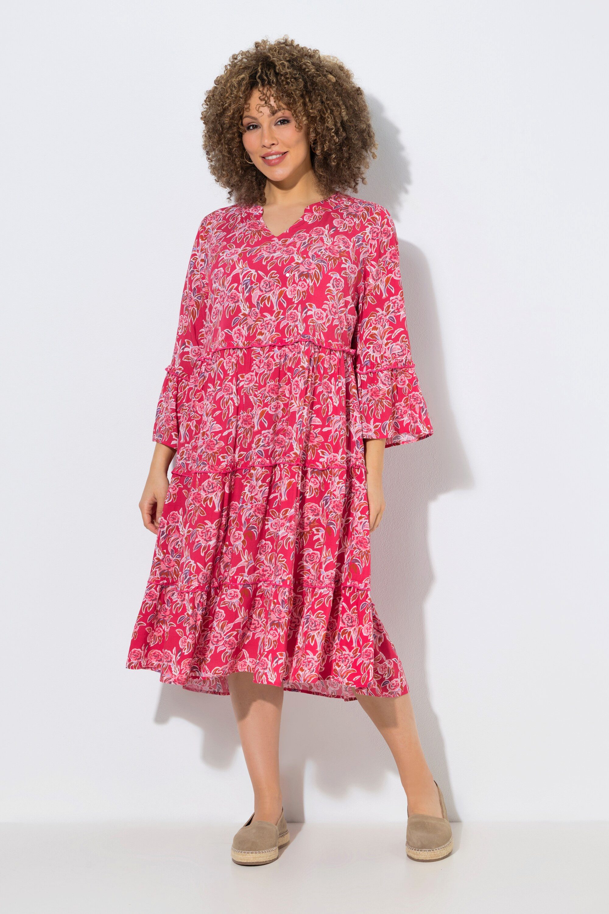 Ulla Popken Midikleid Kaftan-Kleid Volants Tunika-Ausschnitt 3/4-Arm