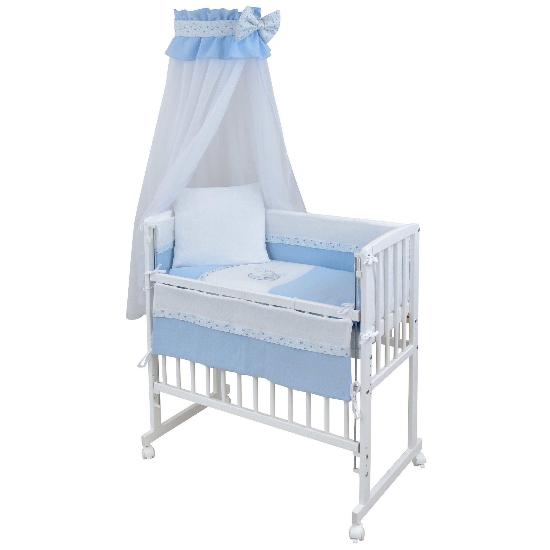Beistellbett Babybett Musselin Teddy Mond Blau