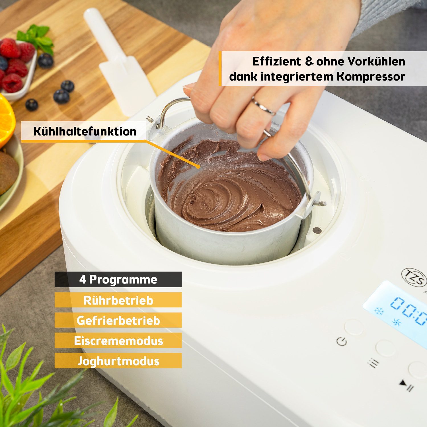 TZS FIRST AUSTRIA Eismaschine 1L, 100W, Kompressor & Kühlhaltefunktion, 60-Min Eis, 8-Std Joghurt, 1 l, 100 W, entnehmbarer 1L Eisbehälter, Eismaschine, inkl. Messbecher, Spatel
