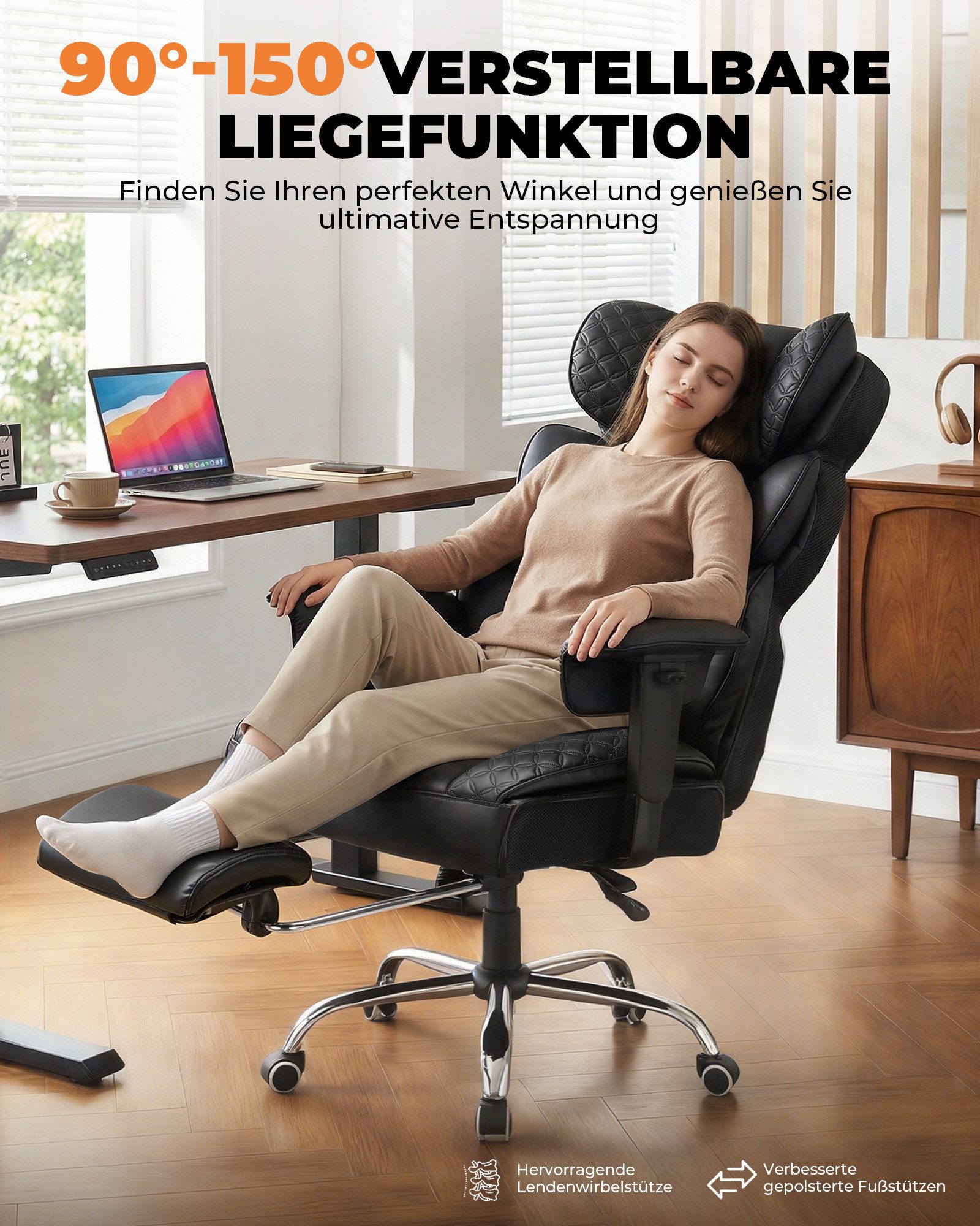 COMHOMA Gaming-Stuhl Ergonomischer Bürostuhl 180 kg, mit Lendenstütze & Fußstütze, 150° verstellbare Rückenlehne, hoher Chefsessel