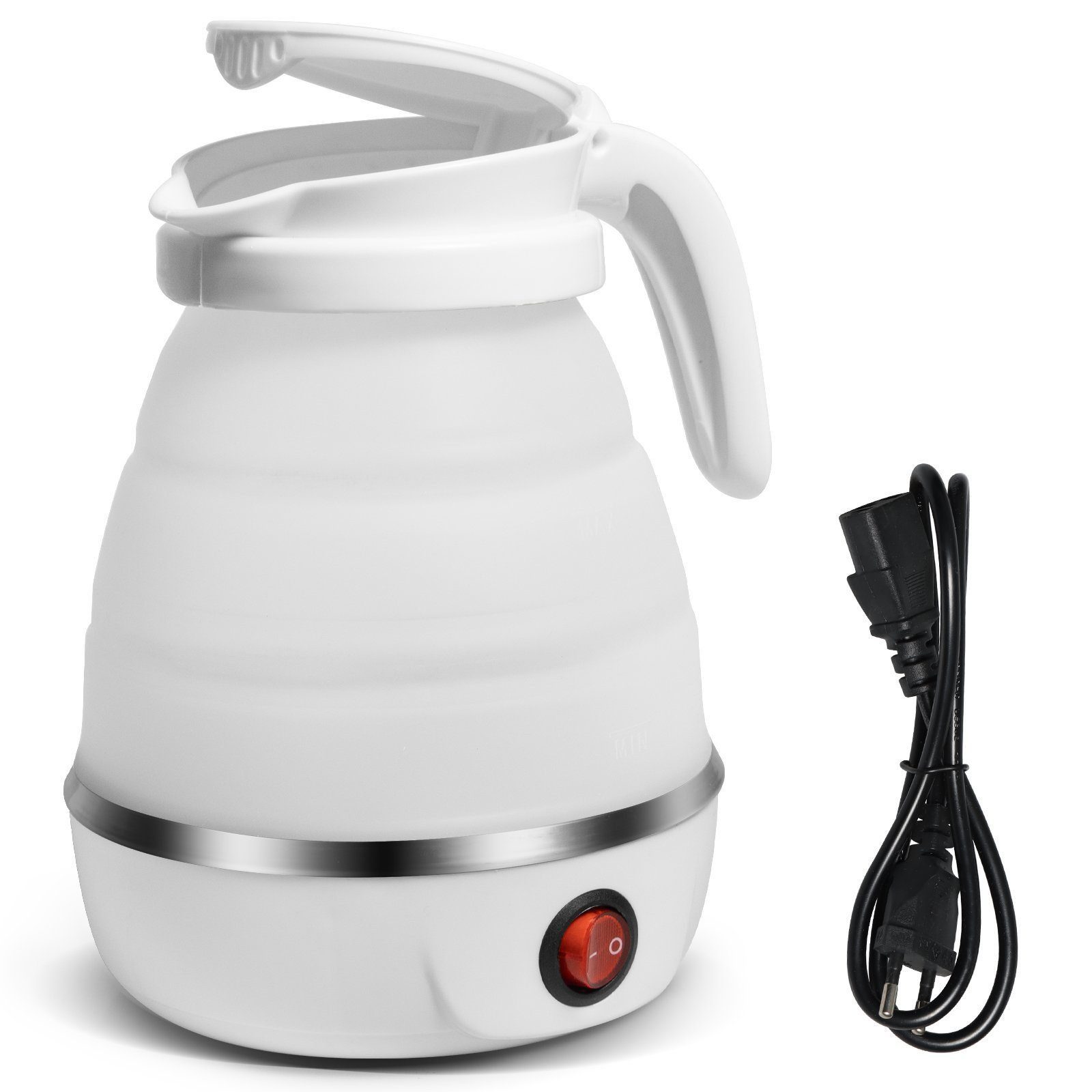 OZAVO Reise-Wasserkocher 0.6L 600W Mini Faltbarer Wasserkocher aus Silikon, 0.6 l, 600 W, für Unterwegs & Camping, 100% BPA Frei, Weiß