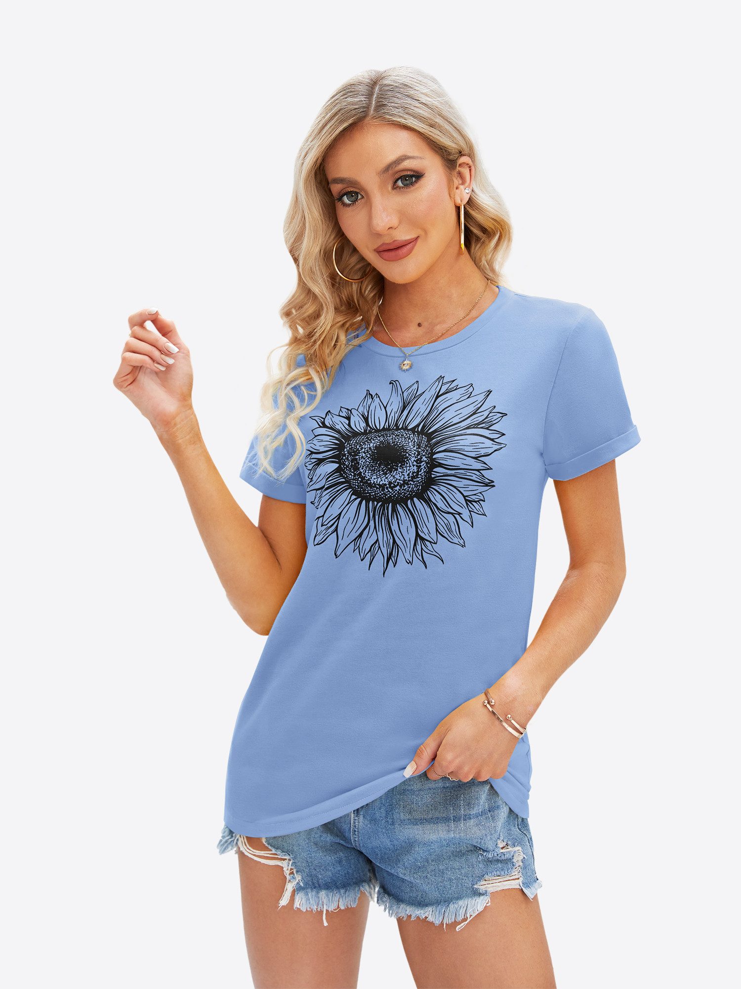 Imily Bela T-Shirt Damen mit Sonnenblumen-Druck Rundhals Kurzarm (Packung, 1-tlg., 1per-Pack) mit Print, mit Rundhalsausschnitt