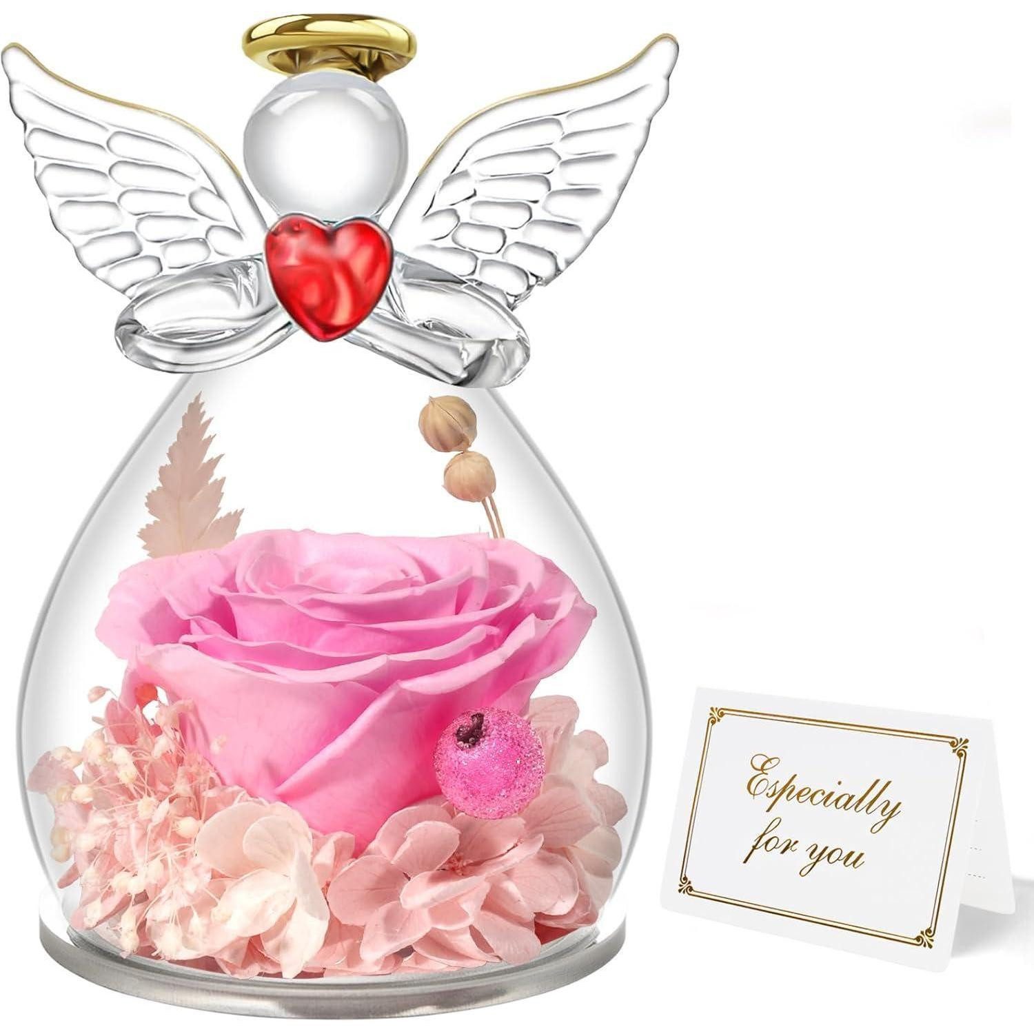 Trockenblume Ewige Rose Engel Geschenk für Mama Oma, Forever Rose im Glas Engel, Miofula