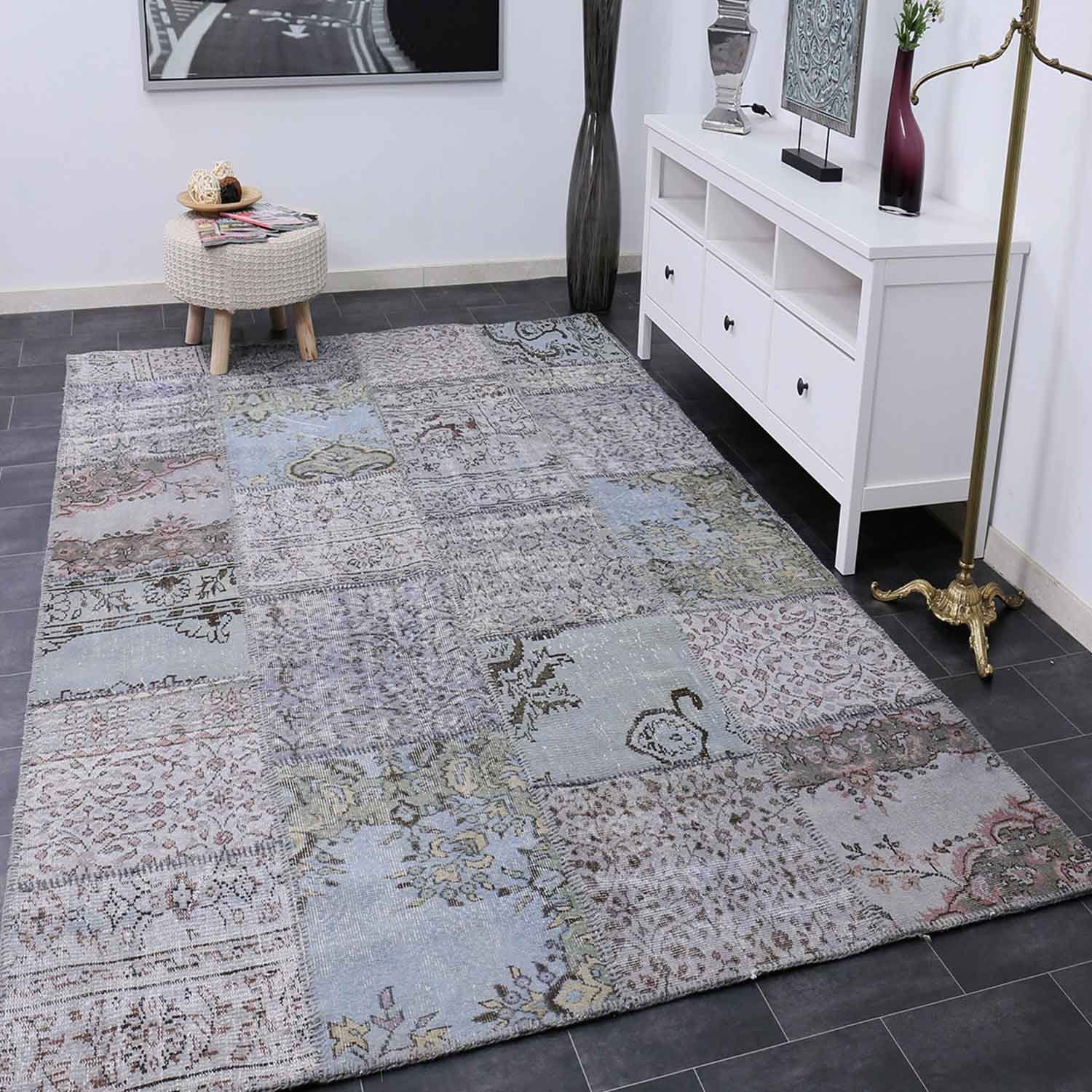 Vimoda Wollteppich Hochwertiger Patchwork Teppich, Rechteckig, Höhe: 5 mm, Läufer Handgeknüpfter blau Einzelstück vintage, Oientteppich 200x290cm