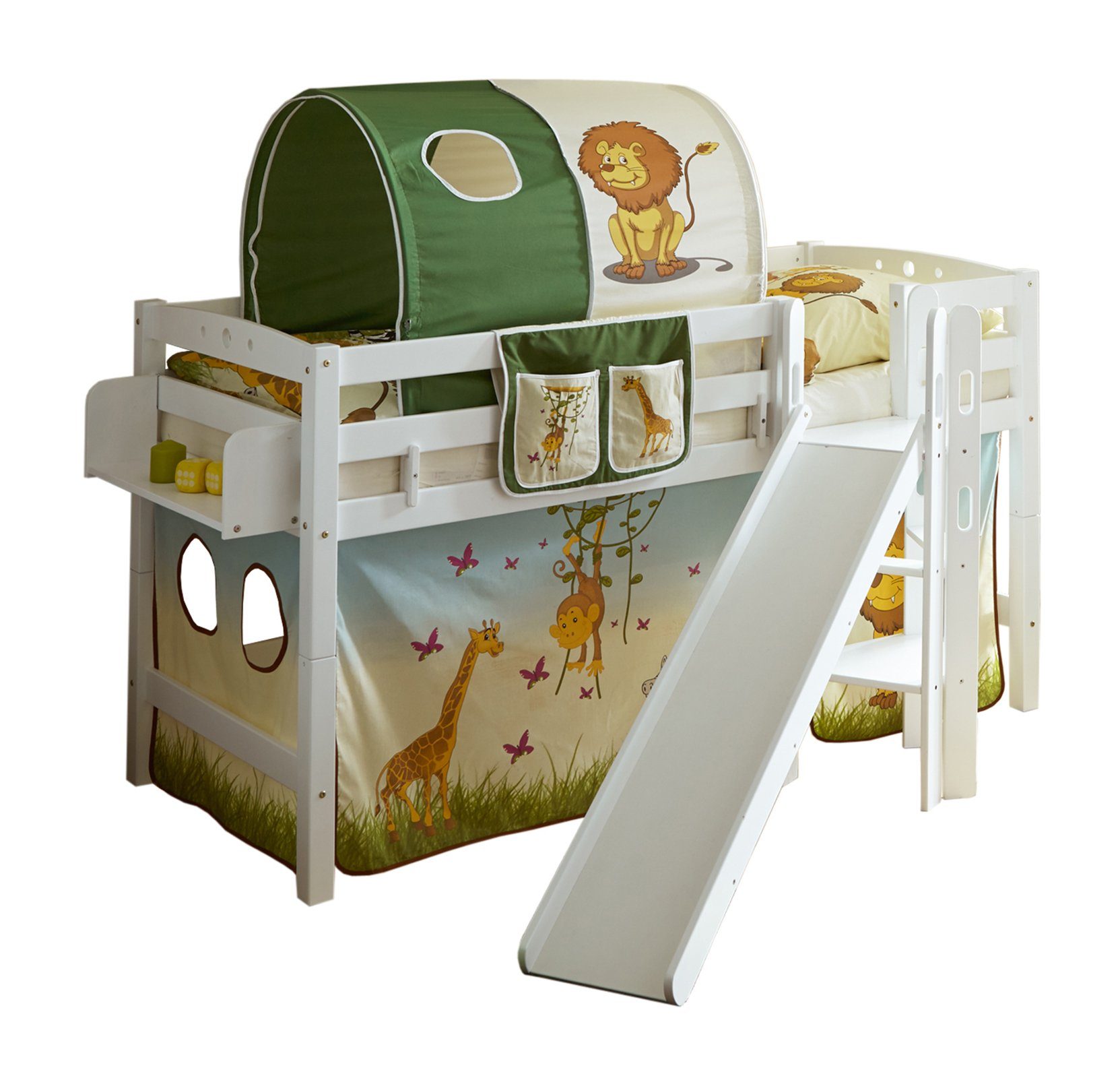 Ticaa Hochbett Hochbett mit Rutsche Podestbett "Tino" Buche Weiß