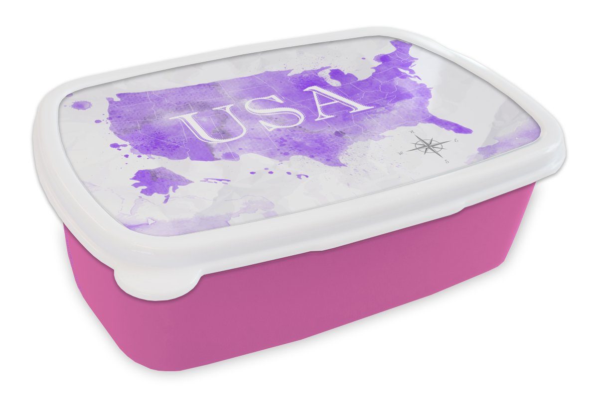 Kunststoff Erwachsene, - Lunchbox Karte Lila MuchoWow Aquarell, Brotdose Snackbox, Brotbox für (2-tlg), Amerika Mädchen, Kunststoff, - - Kinder, rosa