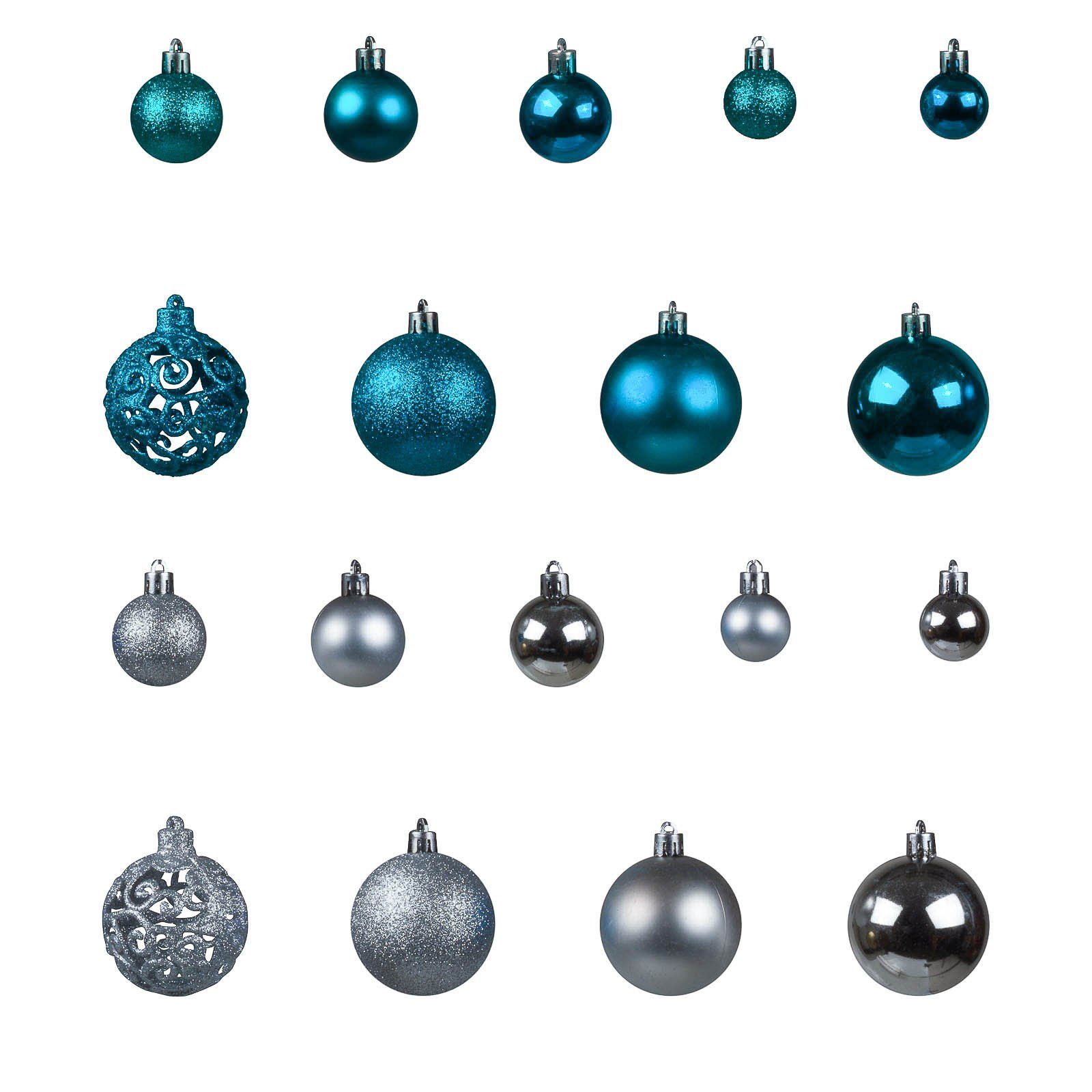 FSH Weihnachtsbaumkugel Weihnachtskugelset 100tlg (100 St) Kugeln verschiedene Christbaumschmuck Farben Aqua/Silber