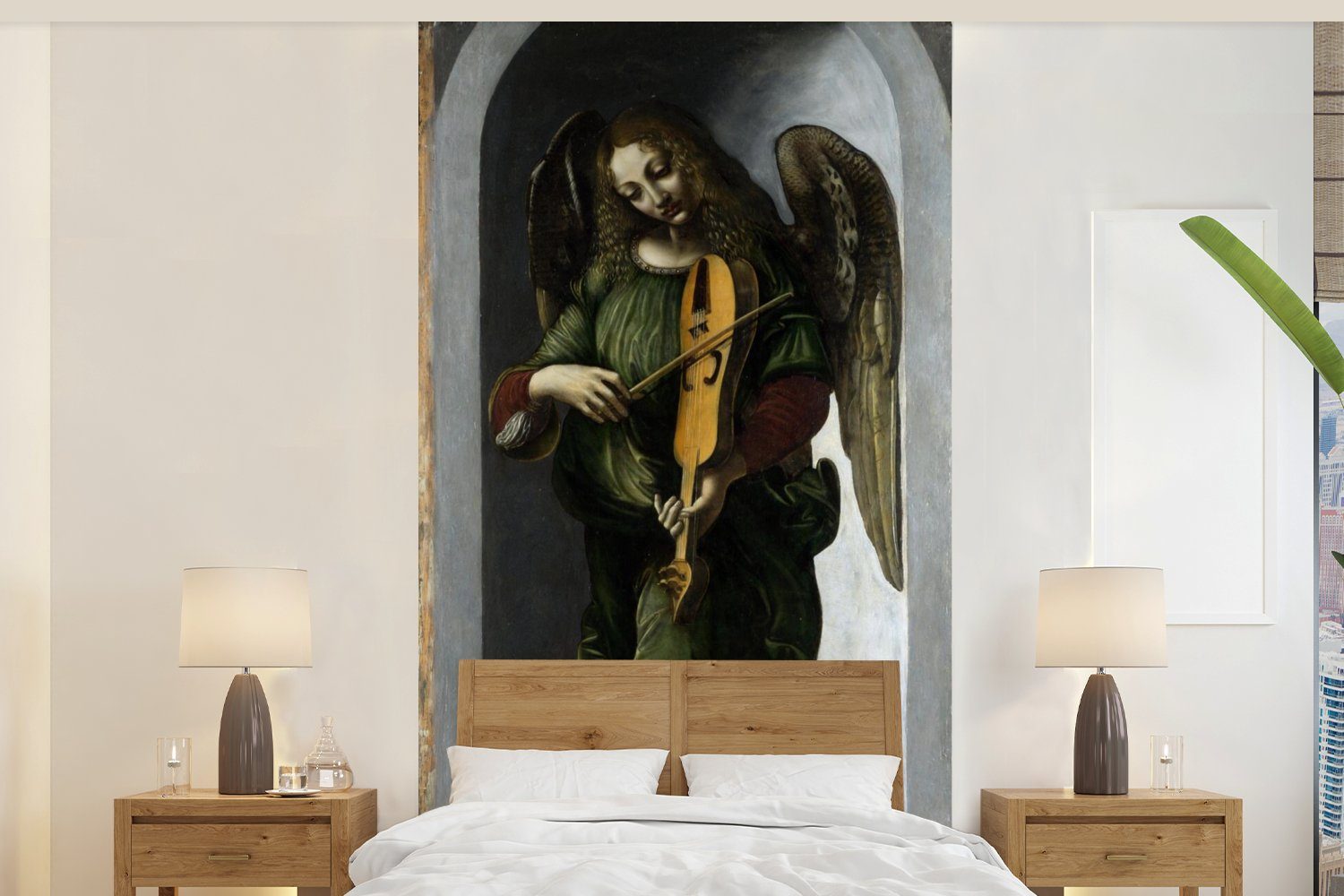 MuchoWow Fototapete Ein Engel in Grün mit einer Fahne - Leonardo da Vinci, Matt, bedruckt, (2 St), Vliestapete für Wohnzimmer Schlafzimmer Küche, Fototapete