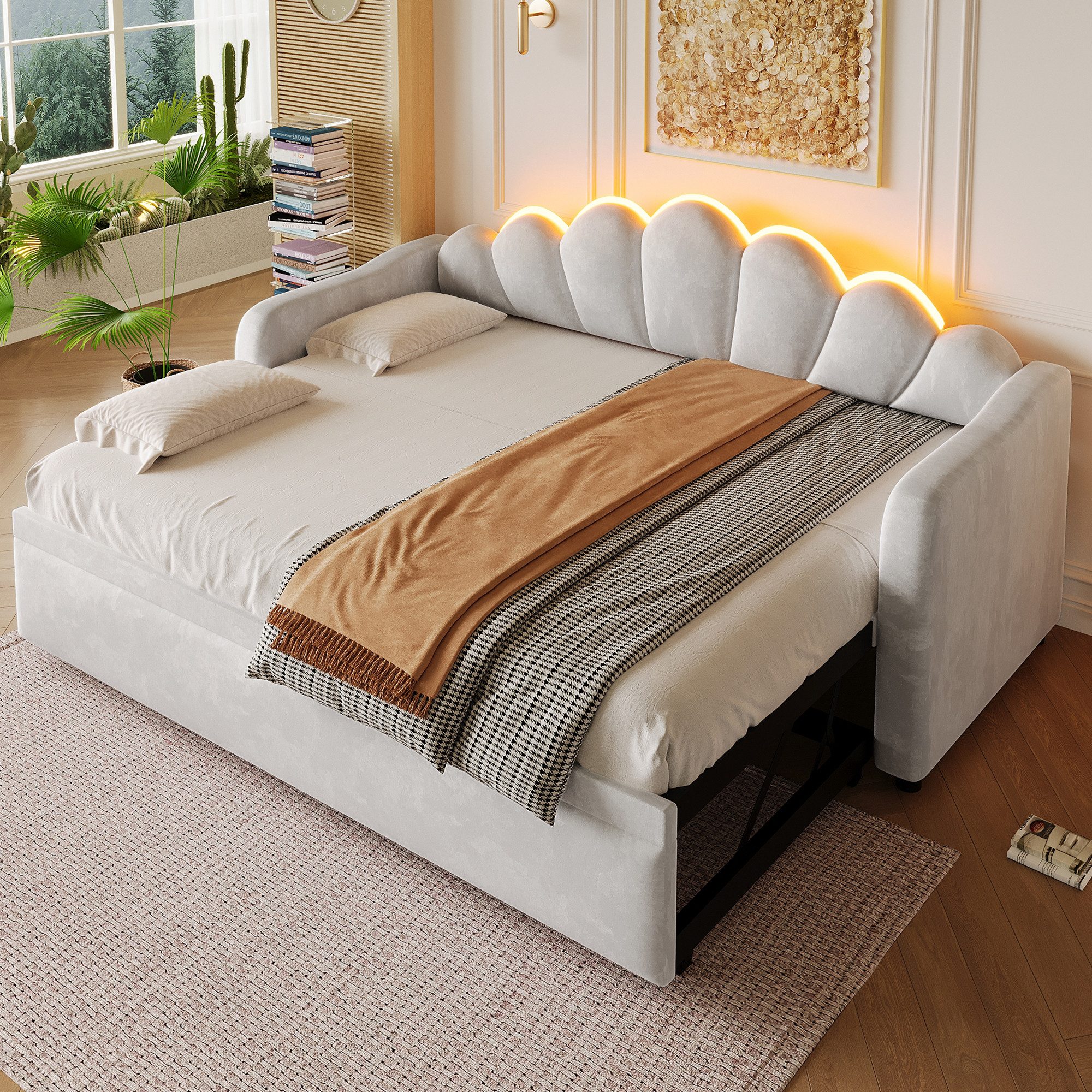 Odikalo Schlafsofa Schlafcouch mit Ausziehbett & LED, Polster-Tagesbett, Ausziehfunktion flach oder aufgestellt – Bild 2 von 5