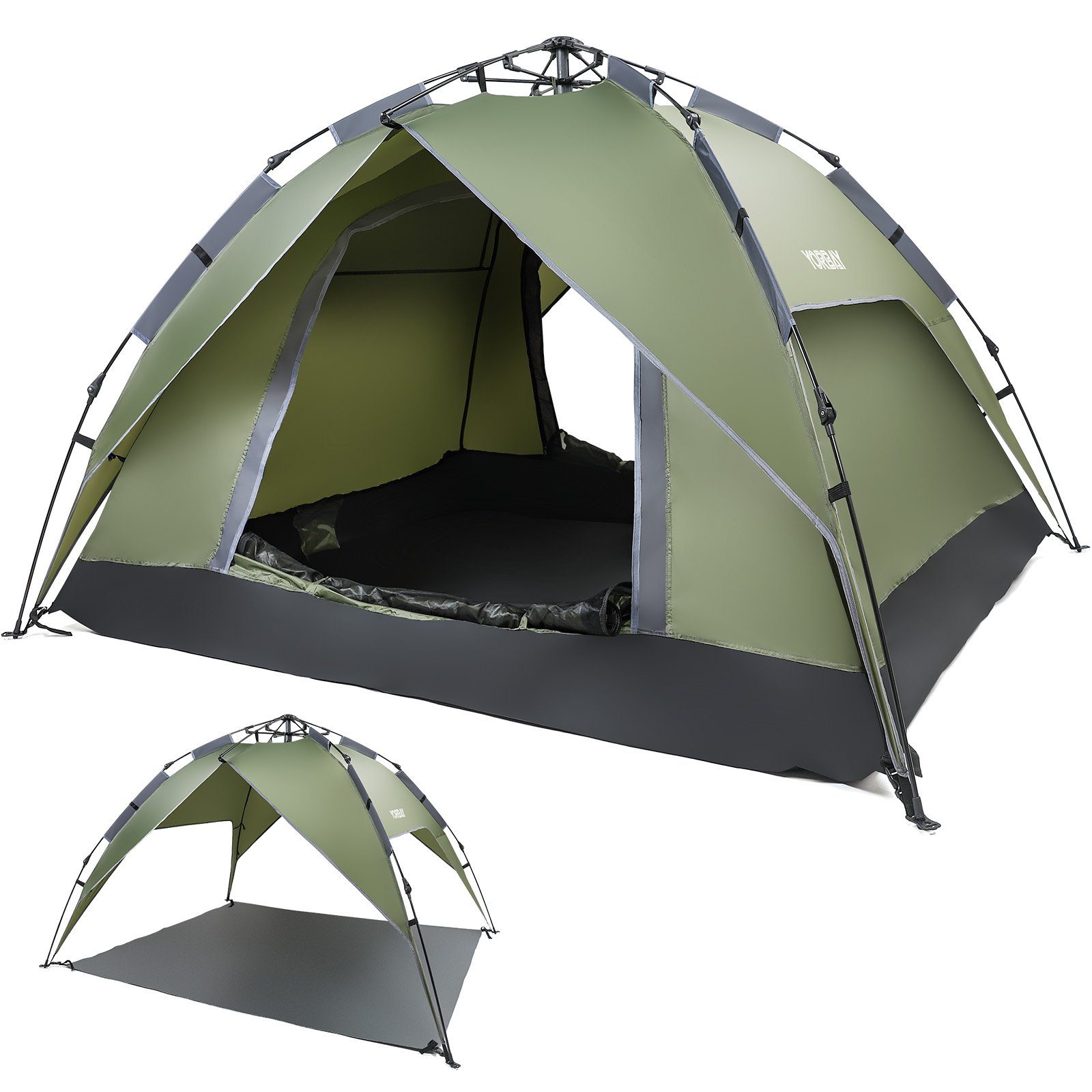 Yorbay Kuppelzelt 2 in 1 Pop Up grünes Campingzelt für 2-3 Personen, (mit  Heringen, Windseile und Tragetasche), doppelwandig wasserdicht UV-Schutz  für Wandern, Trekking, Outdoor
