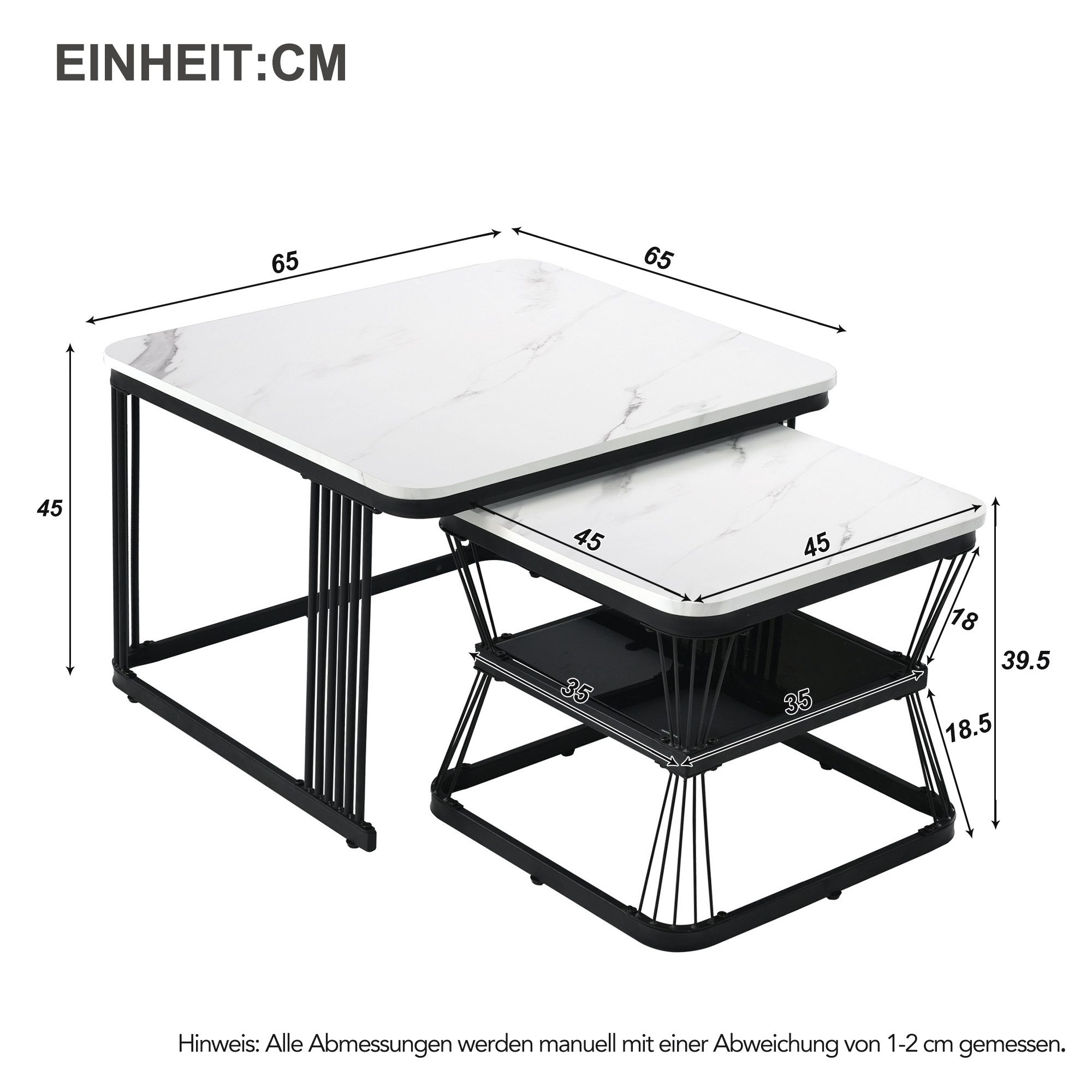 Merax Couchtisch im Marmoroptik mit Metallrahmen (2er Set), hochglanz Beistelltisch mit Einlegeboden, Satztisch, Wohnzimmertisch